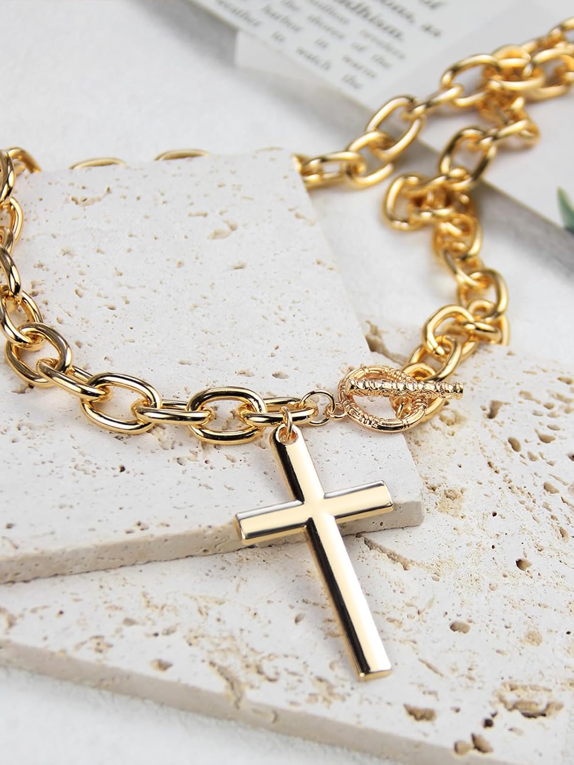 Chunky Gold Cross Necklace for Women Layered Necklace Retro Big Gold Cross Pendant Necklace Statement Chunky Chain Choker Necklaces Thick OT Buckle Chain Long Necklace Jewelry - Image 4