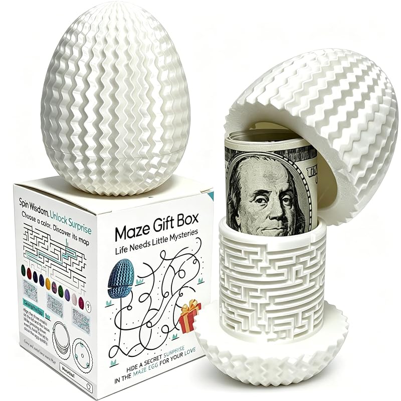 Money Puzzle Box for Cash Gift Card Holder - Reusable Secret Safe with 4 Unique Maze Egg Designs, 3D Printed Brain Teaser Game for Teens Adults, Easter Birthday Christmas Stocking Stuffer (White)
