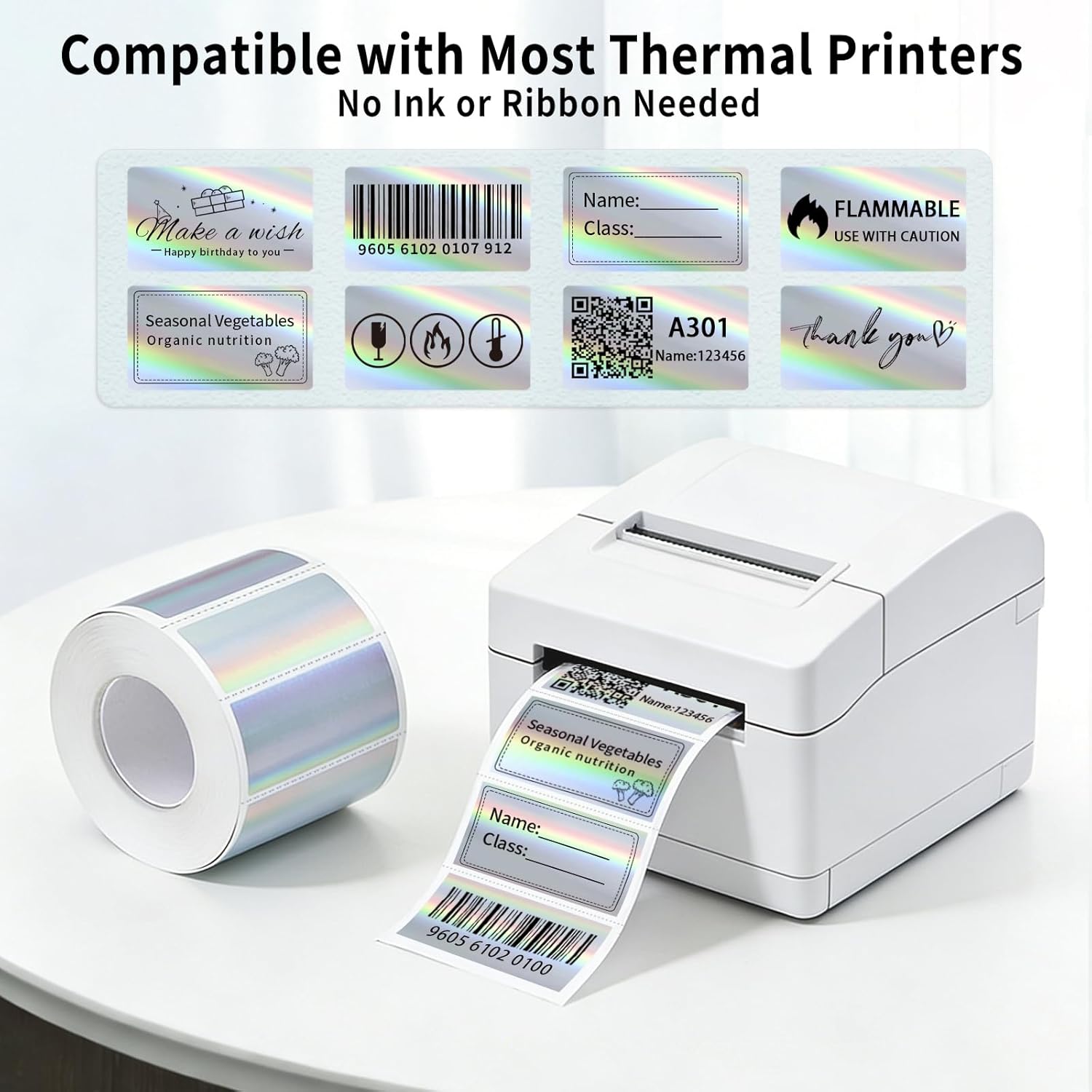 500pk Holographic Thermal Labels 2.25 x 1.25, Silver Rainbow Direct Thermal Stickers for Small Business & Packaging, Waterproof Barcode QR Labels - Image 4