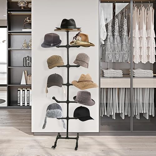 Miniatura 9 de uyoyous Estante de metal rústico para sombreros, soporte de exhibición independiente para sombreros con ruedas, organizador industrial para