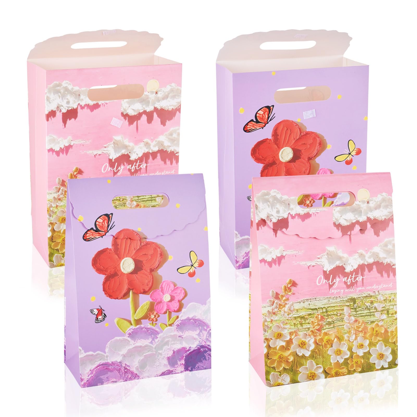 Crafans 6Pcs Flower Printed Paper Gift Bags with Hole Handle 2 Styles Floral Patterns Paper Rectangle Present Bag for Birthday Wedding Party Favors