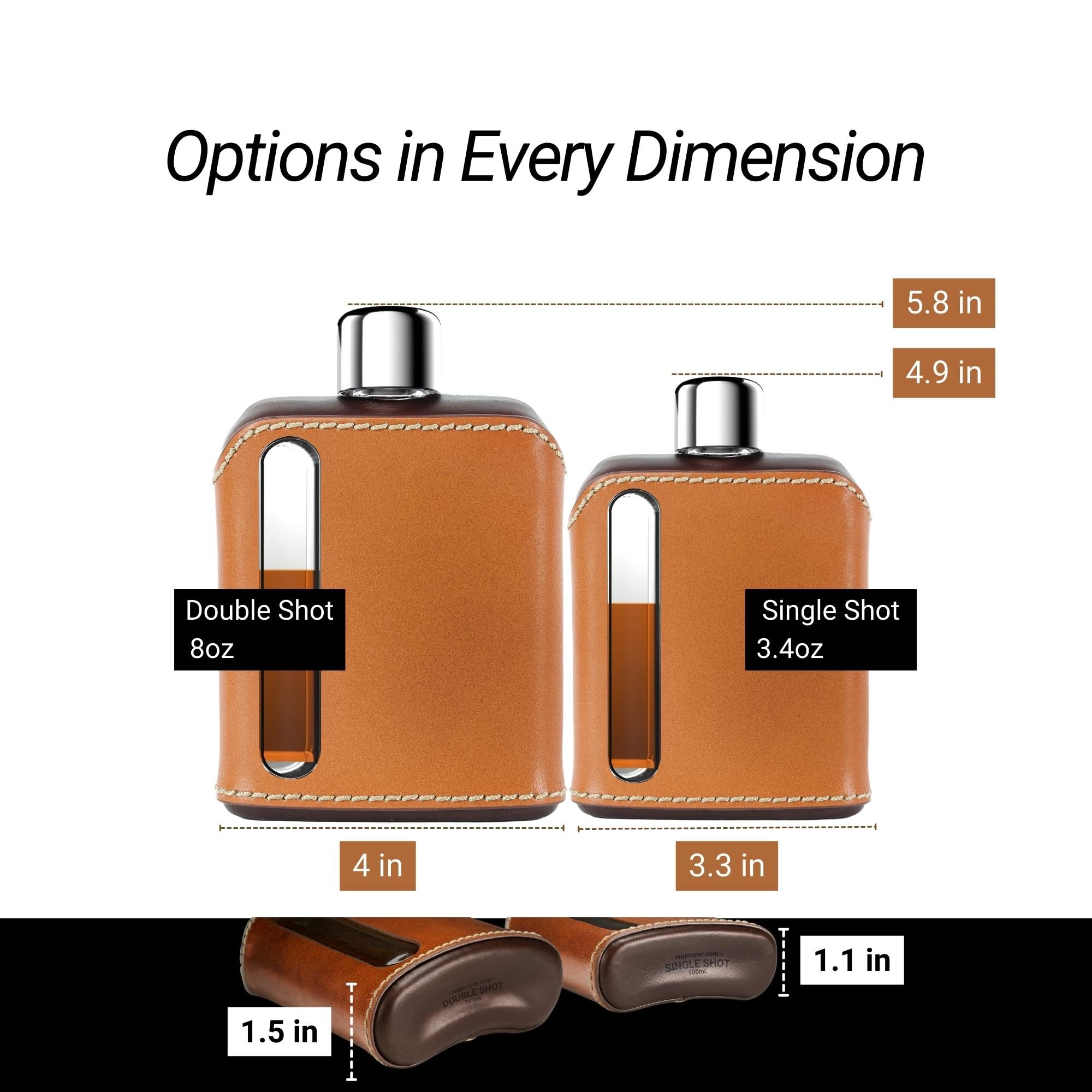 Ragproper Modern Glass Hip Flask - Durable Flask for Whiskey for Men & Women - Drinking Flask for Men - Glass Leather Flask for Spirits (Double Shot 240ml, Dark & Tan)