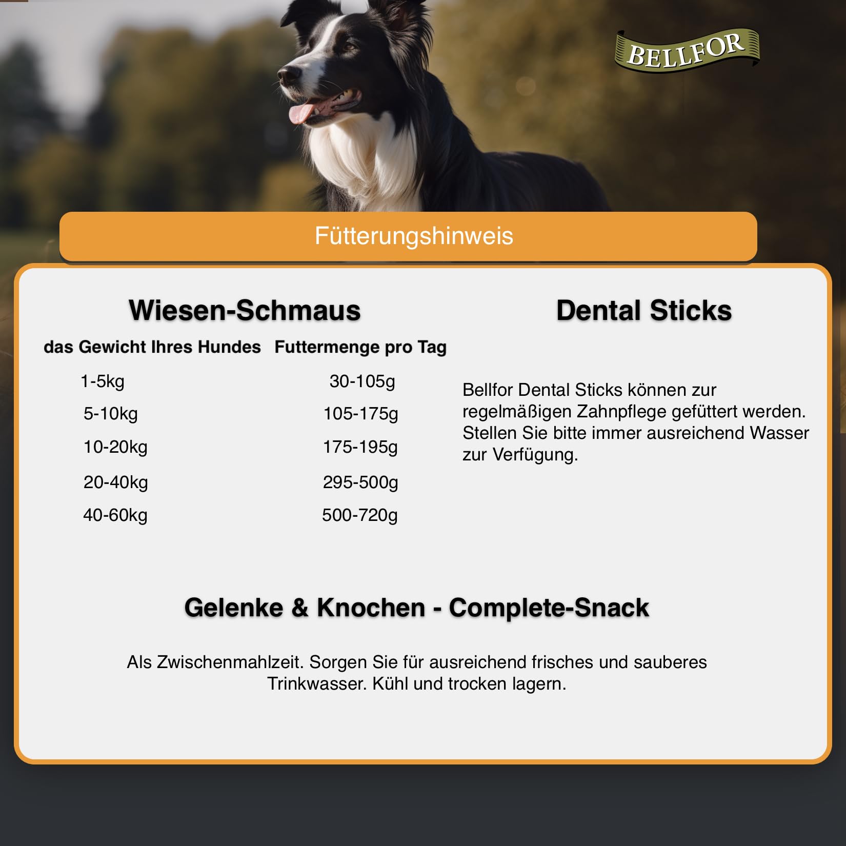 Bellfor Rottweiler Futter Set Wiesen-Schmaus 4 kg Dental Sticks 100g Gelenke & Knochen Kapseln 30 Stück mit Ovopet Jutebeutel