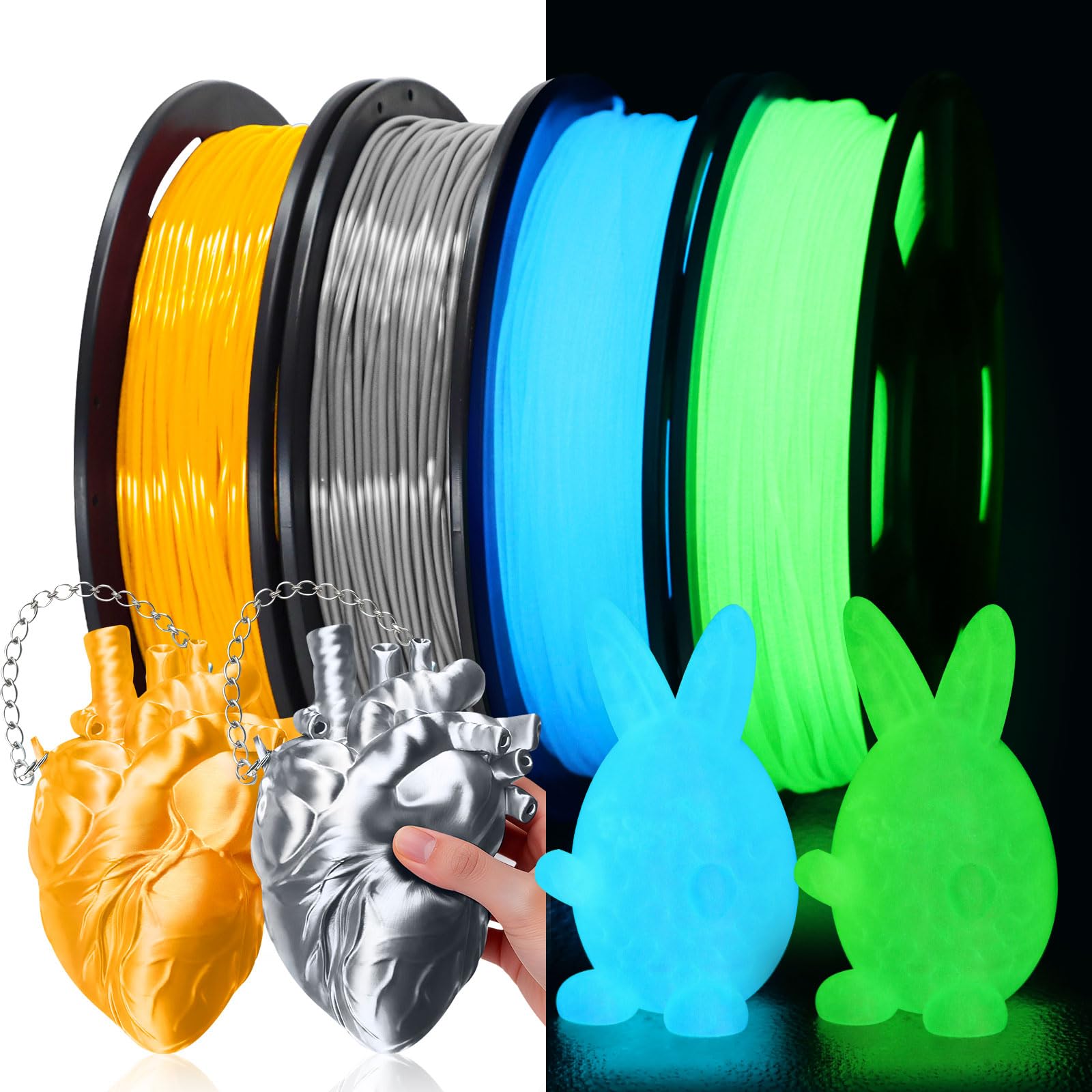 Flexible TPU Filament Bundle 1.75mm, 95A Shore Hardness, 4×250g (1kg Total) – Silk TPU1 Gold &amp; Silver + Glow-in-the-Dark TPU2 Blue &amp; Green, Shiny &amp; Luminous for Most FDM Printer