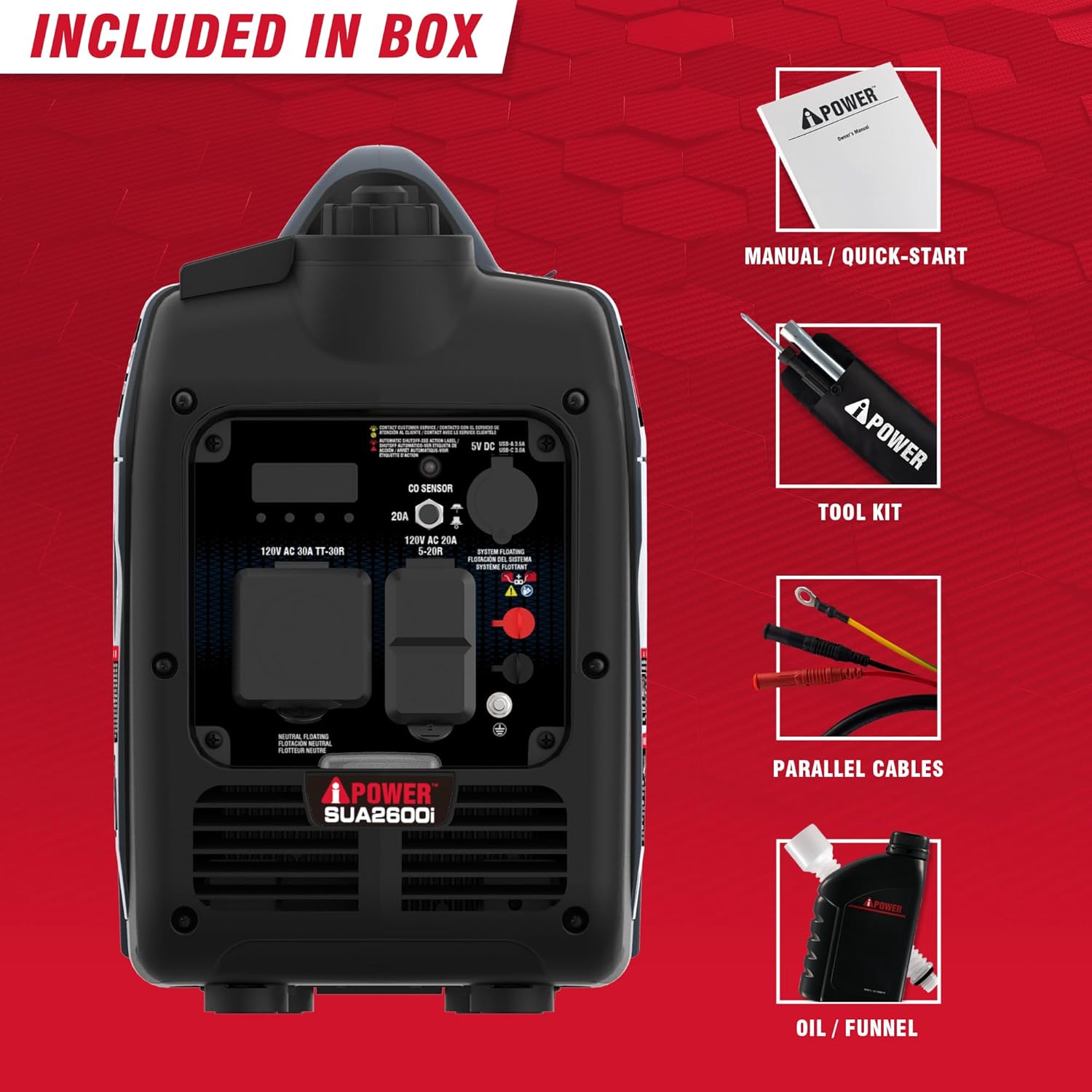 Contents included in the A-iPower SUA2600i generator box: manual, quick-start guide, tool kit, parallel cables, oil, and funnel.