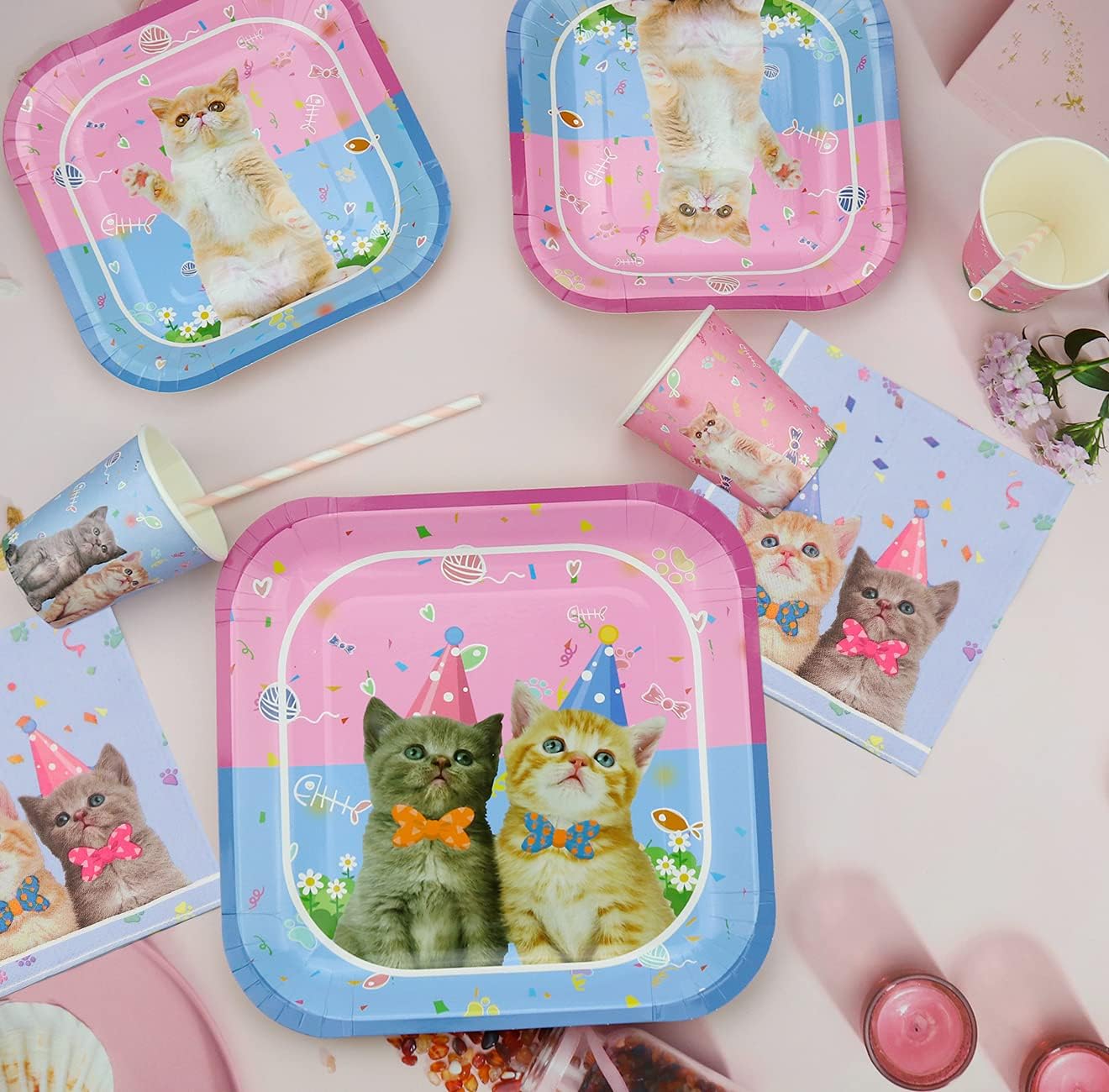 LSJDEER Cat Party Supplies Set, Kitten Dinnerware Including Happy