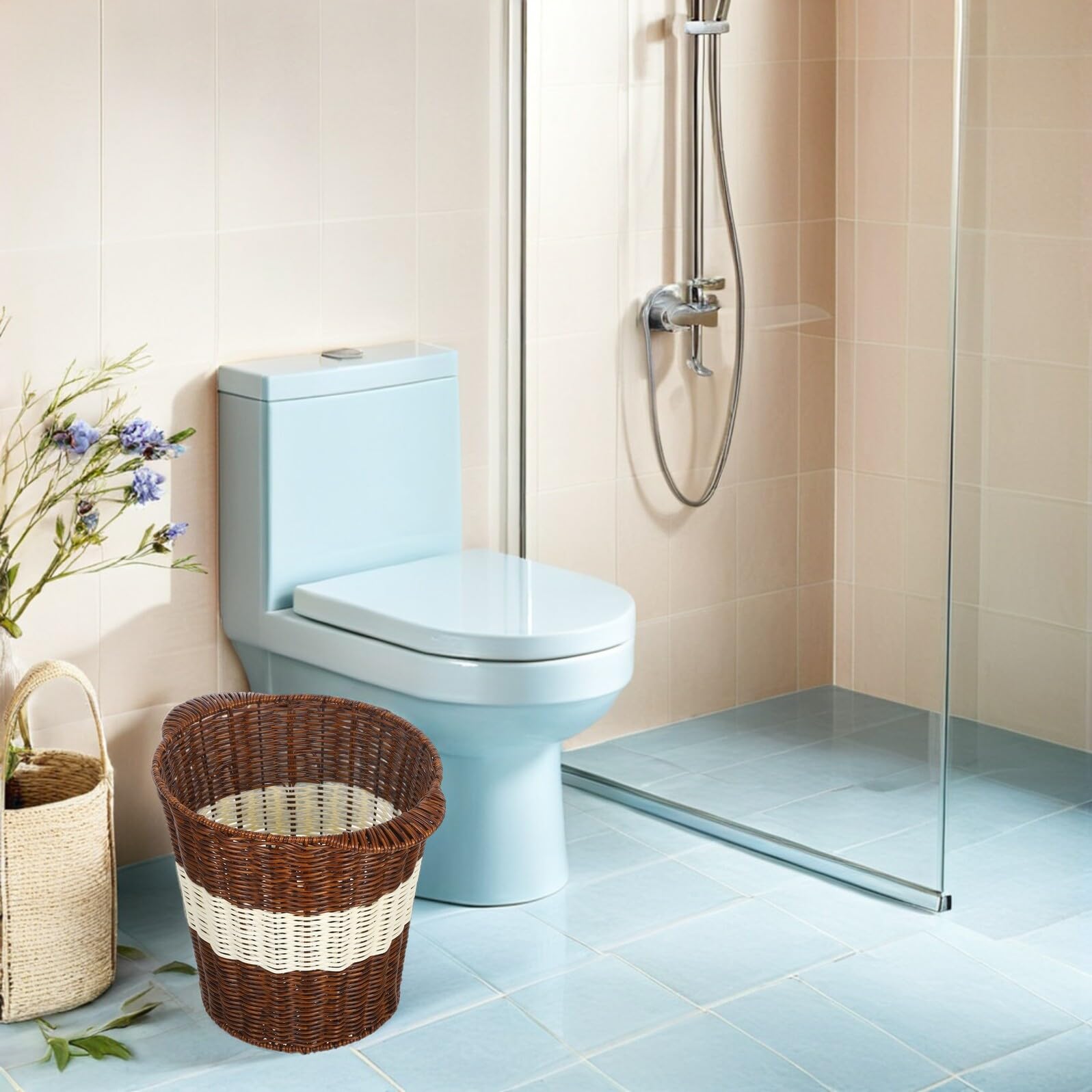 Cestino per Carta Straccia Intrecciato in Simile al Rattan per Ufficio e Bagno Grande Capacità Design Ventilato Facile da Pulire