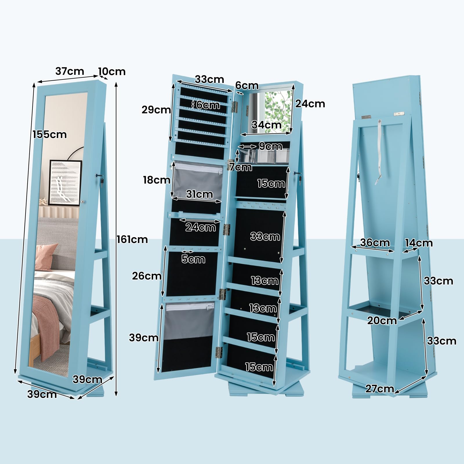 GOPLUS 3 in 1 Schmuckschrank mit spiegel, Spiegelschrank stehend, 360°drehbar, abschließbar, Standspiegel Schmuck Organizer mit großem Stauraum & Ablagefächern für Schlafzimmer (Blau)