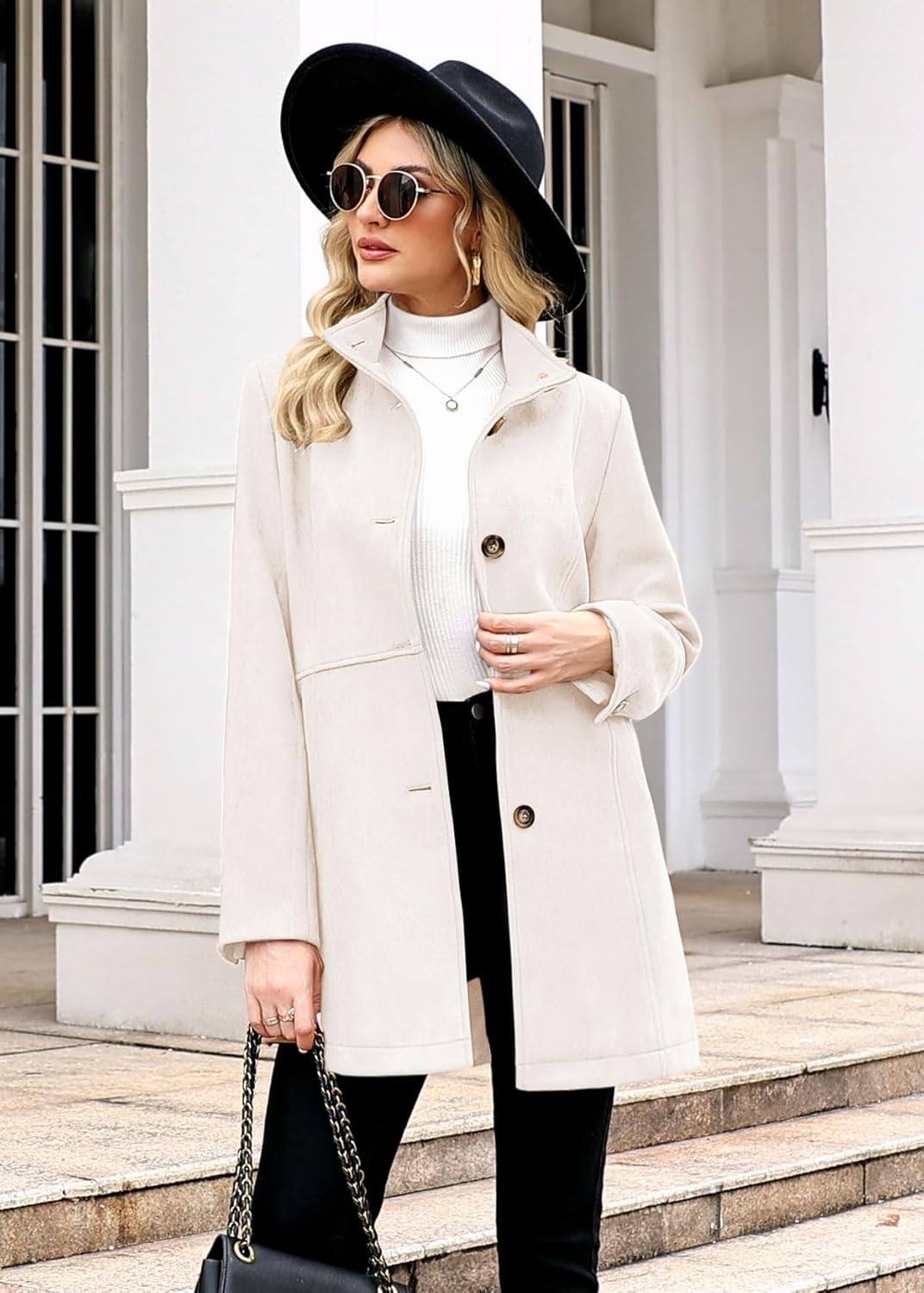 Womens Winter Suede Coat Stand Collar Single Breasted Overcoat with Pockets Mid Length Trench Coats - Image 2