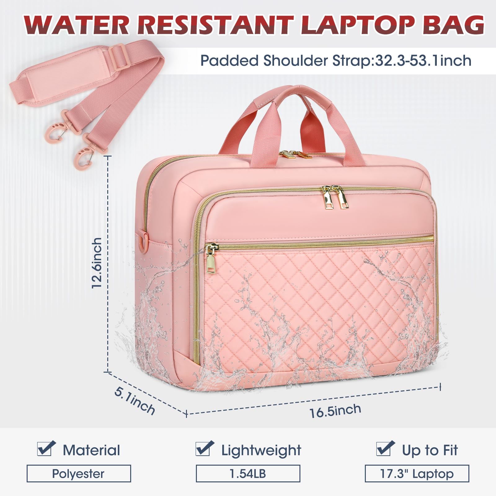 NEWHEY Borsa per computer portatile da 17,3 pollici valigetta per computer da donna grande borsa per computer | Borsa a tracolla impermeabile con tasche multiple e tracolla imbottita, per ufficio, lavoro, università, rosa