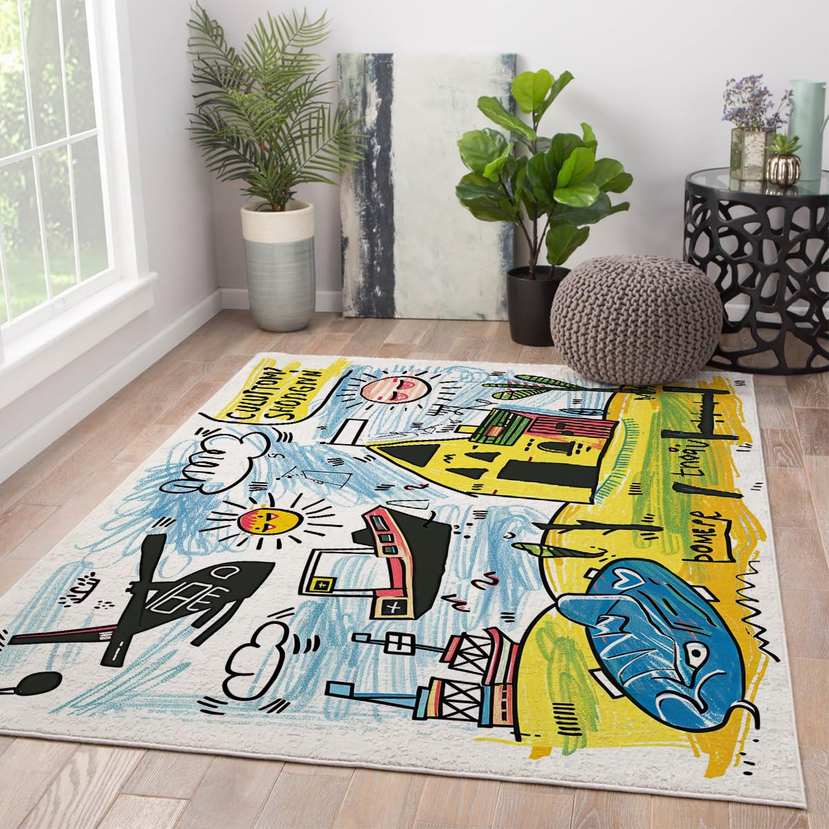 Tapis lavable à la machine pour chambre d'enfant avec décors graffiti