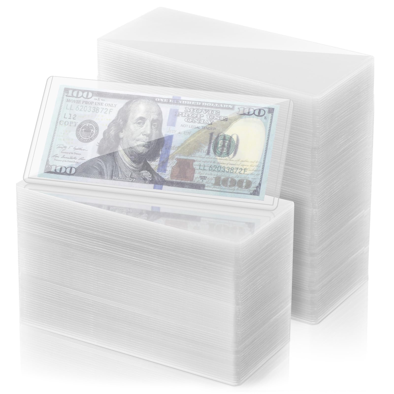 cobee 100 Pcs Hard Plastic Clear Money Holder, Transparent Dollar Bill Sleeves Waterproof Currency Sleeves 6.9 x 2.9 Inch Top-Insert Money Display Protectors for Banknotes Stamp Collecting