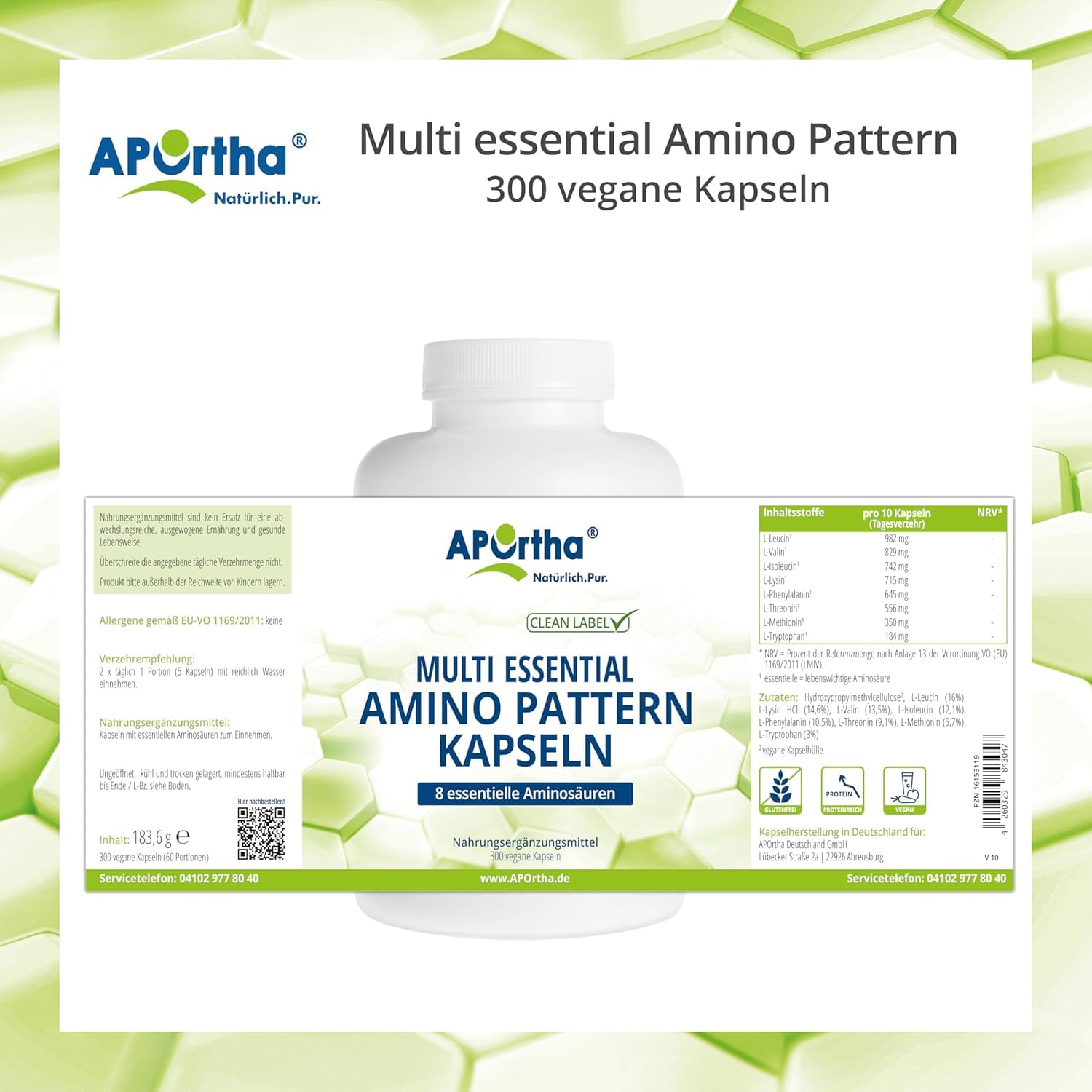 APOrtha® Multi Essential Amino Pattern – 300 Kapseln mit 8 essentiellen Aminosäuren nach Prof. Dr. Lucà-Moretti, ausgewogenes Aminosäuren-Profil, EAA Kapseln, vegan, ohne Zusätze