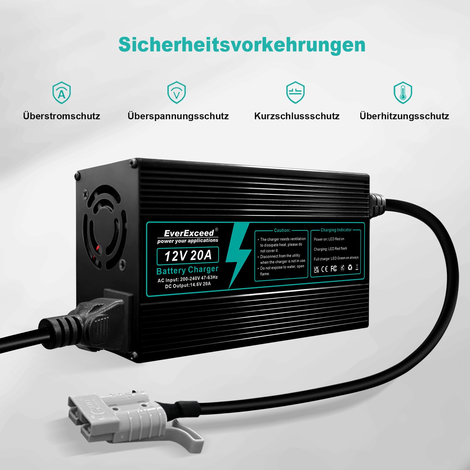 EverExceed Lithium Ladegerät 12V 20A 14,6V Ladegerät Lifepo4 AC-DC, Batterieladegerät Lifepo4 20A für Lifepo4 Lithium Deep Cycle Batterie von Auto Marine RV