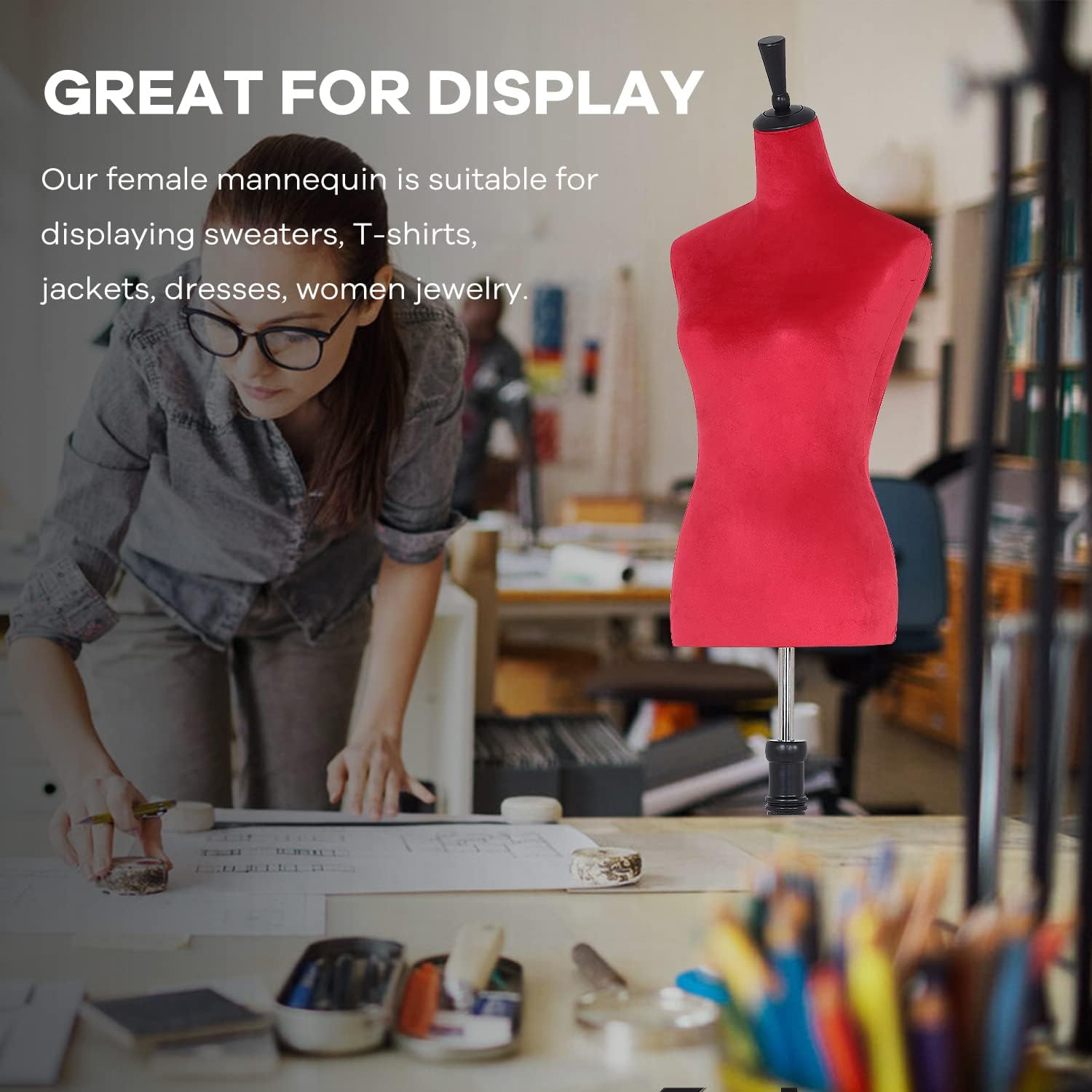 Mannequin Body Female Dress Form Mannequin Torso with Stand for Display 60"-67" Height Adjustable for Sewing Wooden Base, Fiberglass Body(Red)