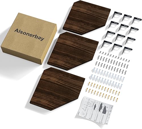 Miniatura 8 de Alsonerbay Estante esquinero de pared, juego de 3 estantes de esquina flotantes con agujero para cable, estantes de madera rústica para TV, altavoz,
