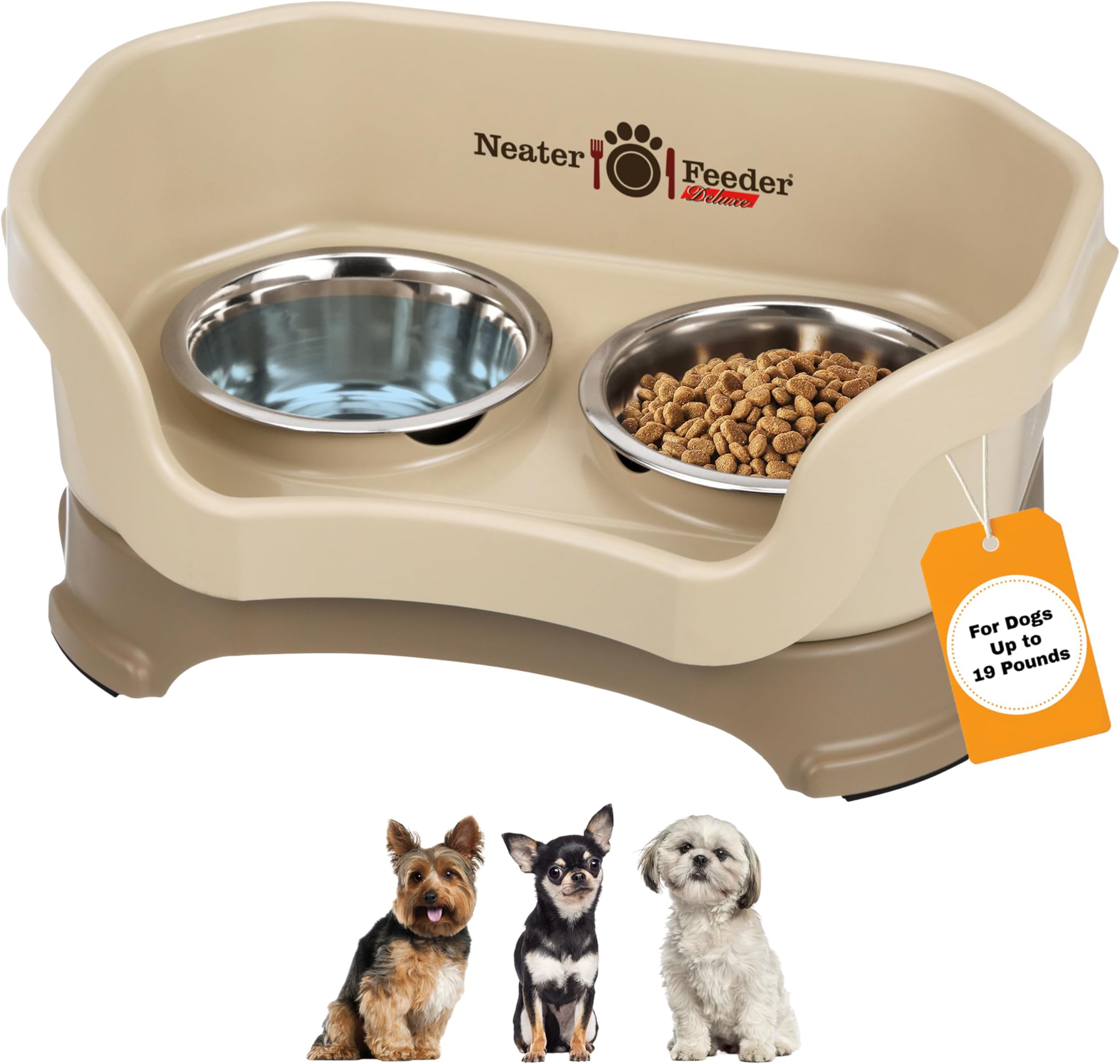 Neater Feeder Deluxe Mess Proof Dog Bowls Elevated for Small Dogs Under 19 lbs, Made in USA, No Spill Raised Dog Food Bowl Stand Feeding Station, Food and Water Bowl Set, Cappuccino