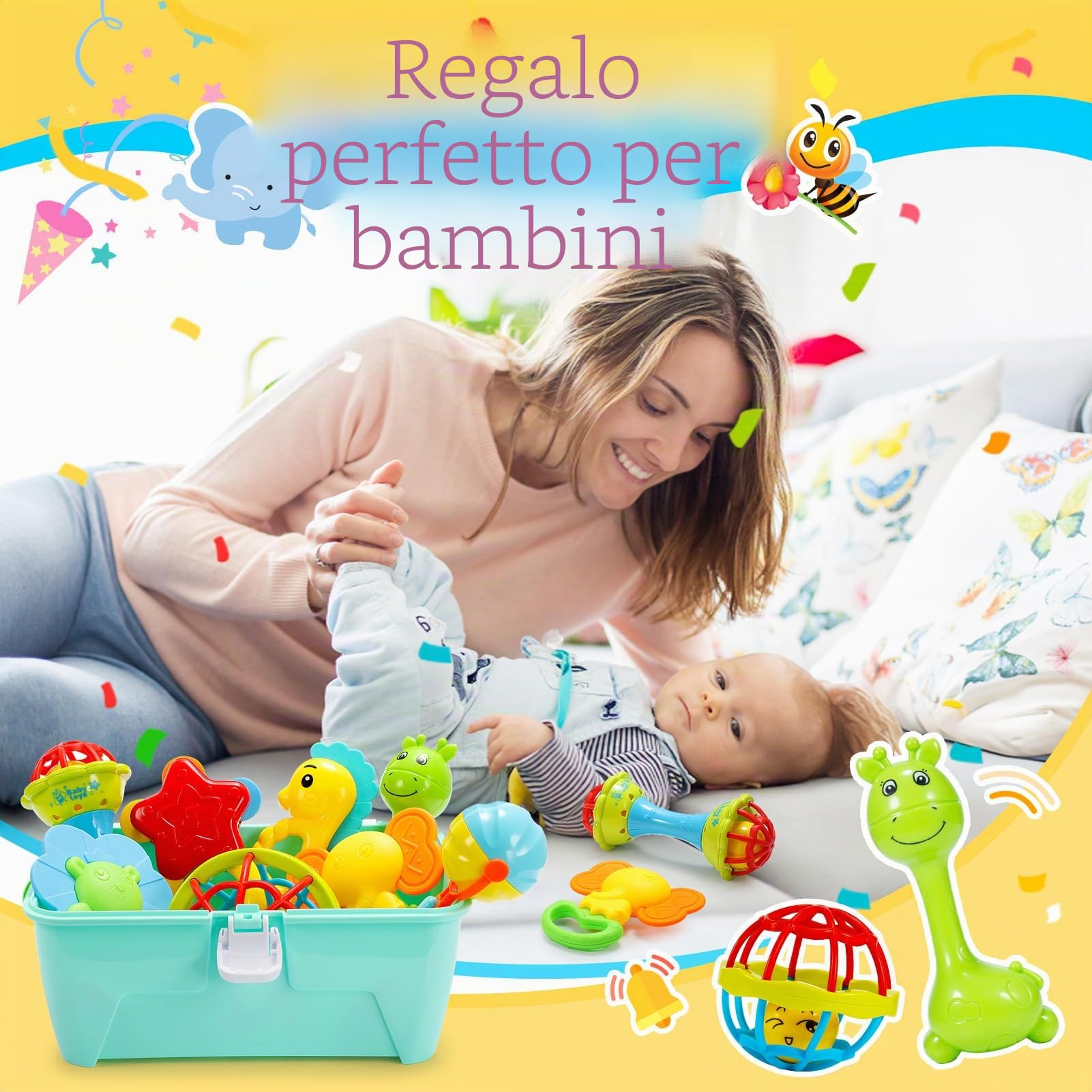 14 Pezzi Sonaglio Neonato 0-12 Mesi, Giochi Neonato 0 3 6 9 12 Mesi Giochi Dentizione Neonati Giochi 0-3-6-9-12 Mesi Regalo per 0-9 Mesi Montessori Giocattoli 0-12 Mesi Giochi Sensoriali per Neonati