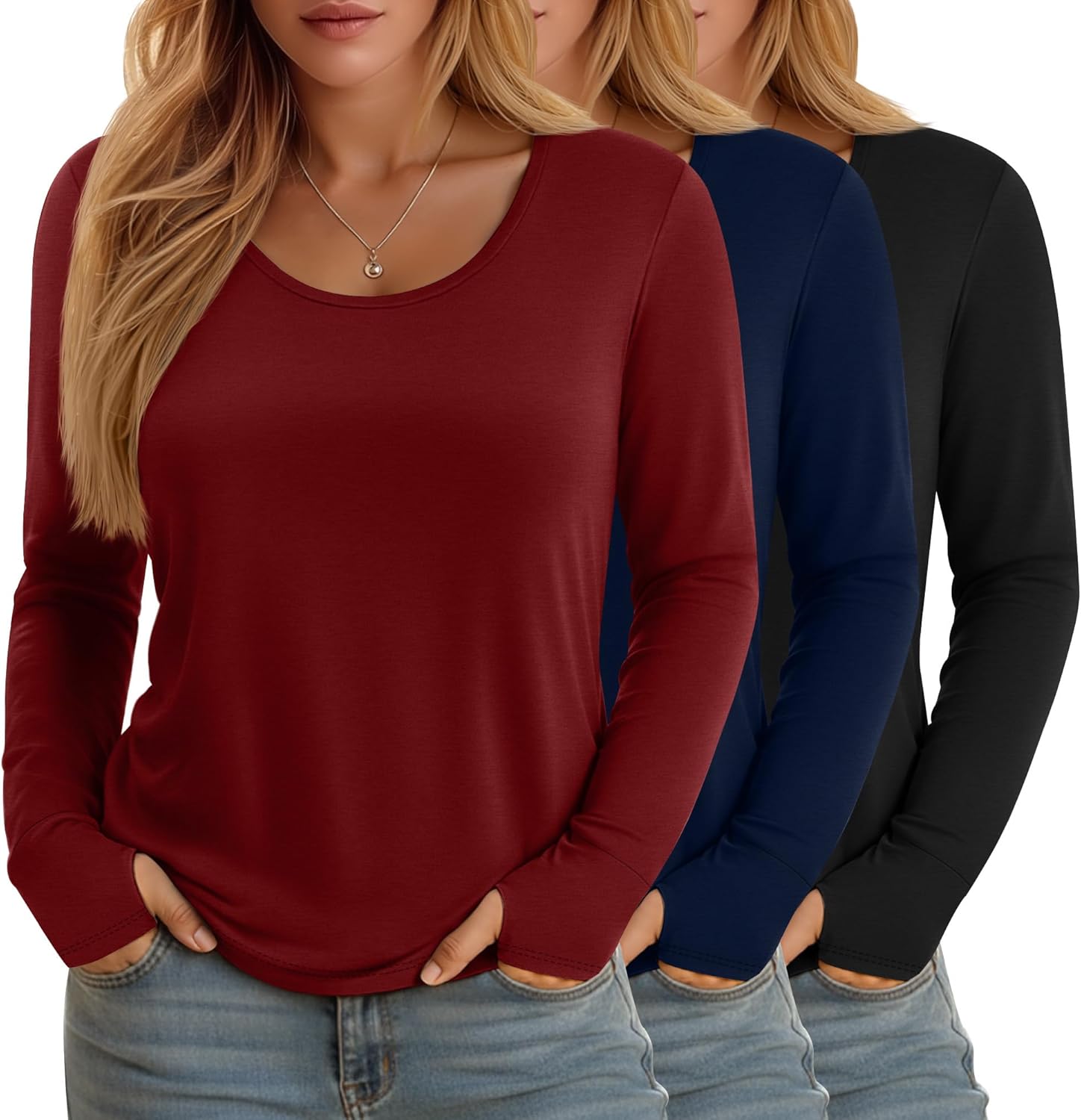 3 Pack Women's Plus Size Shirts Long Sleeve Scoop Neck T Shirts Cotton Basic Tops Loose Tees with Thumb Holes