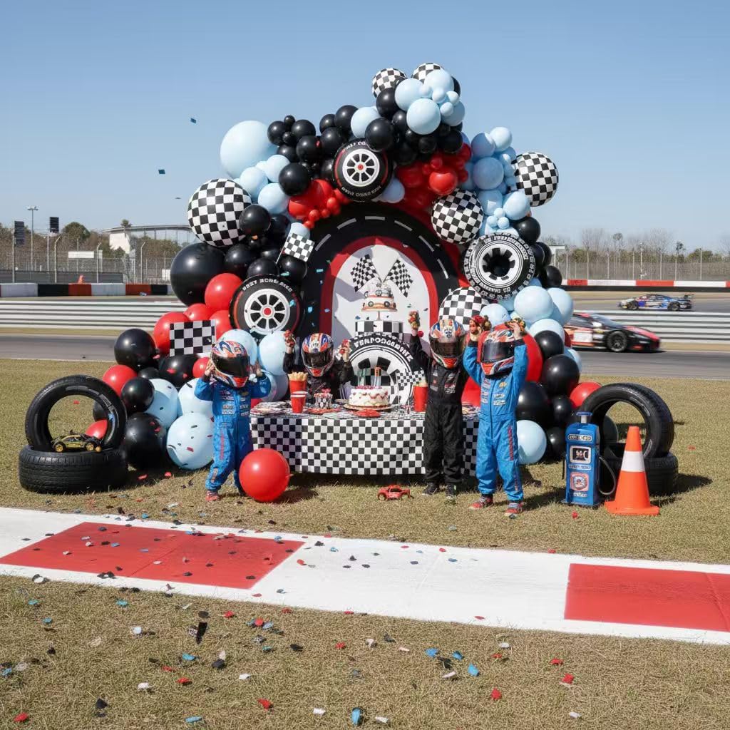 Race Car Balloon Arch Kit - 168Pcs Different Size Balloons Tire Flags Checkered Black Red Blue Balloon Garland Kit for Racing Car Two Fast 2nd Theme Boy Birthday Anniversary Party Decorations - Image 6