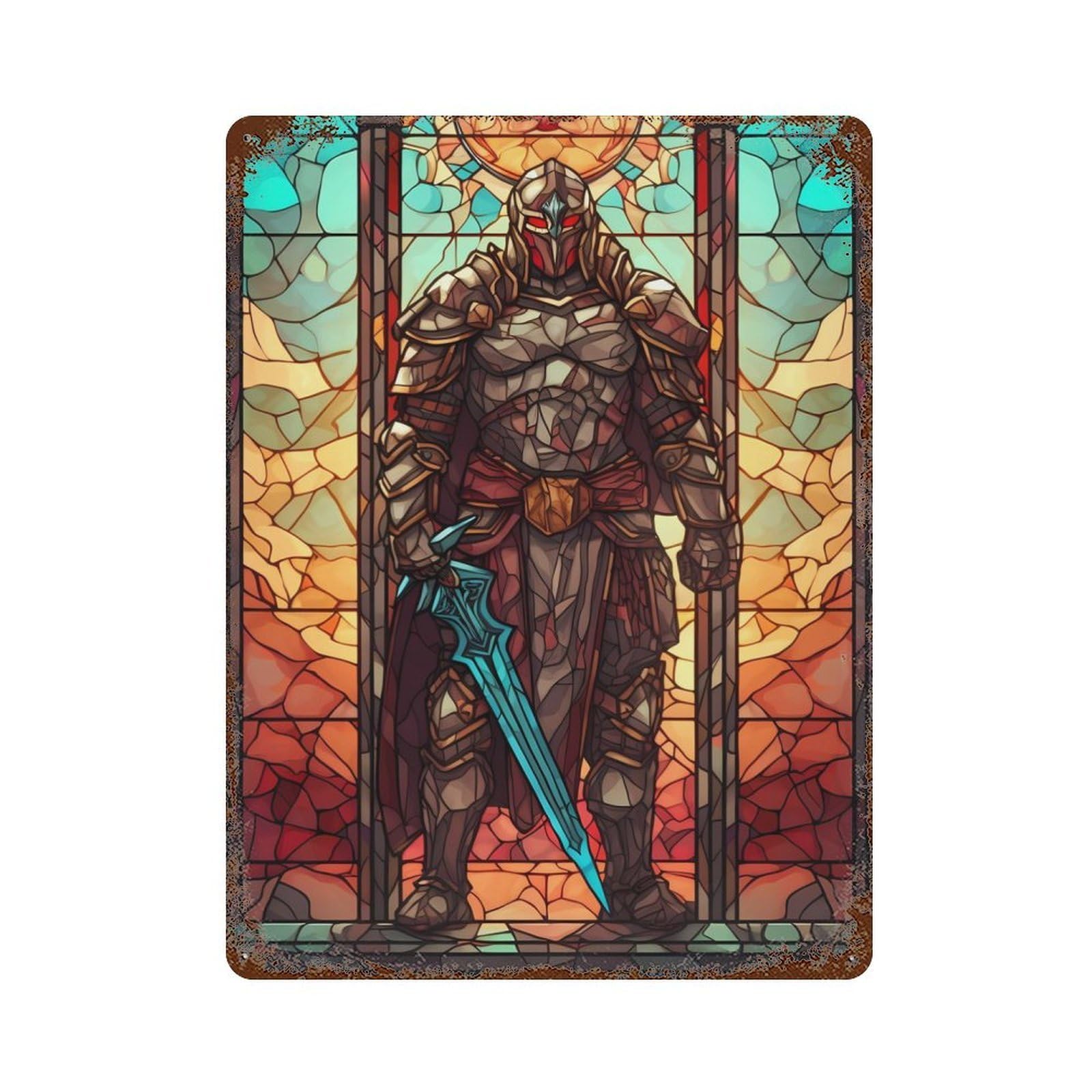 Soldier with Sword 6 Rust Effect Tin Sign 15.7"x11.8", Retro Wall Decor for Pub, Kitchen And Man Cave Decor
