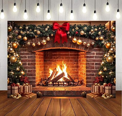 Miniatura 3 de LYCGS Fondo de fotografía de chimenea de Navidad de 7 x 5 pies, telón de fondo vintage para chimenea, árbol de Navidad, calcetín de árbol de