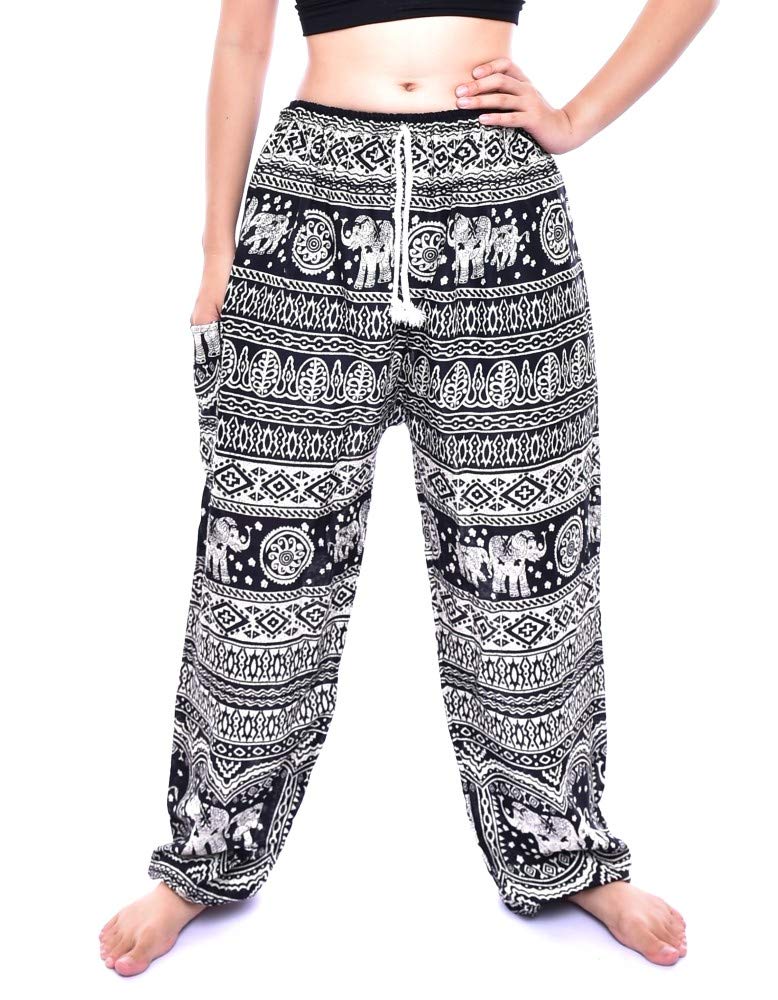 Bohotusk Women's Black Elephant Calf Bohemian Drawstring Harem Pants L/Xl Size 14-16 Hippy Boho Style Hippie Festival Lounge Trousers Yoga Pants