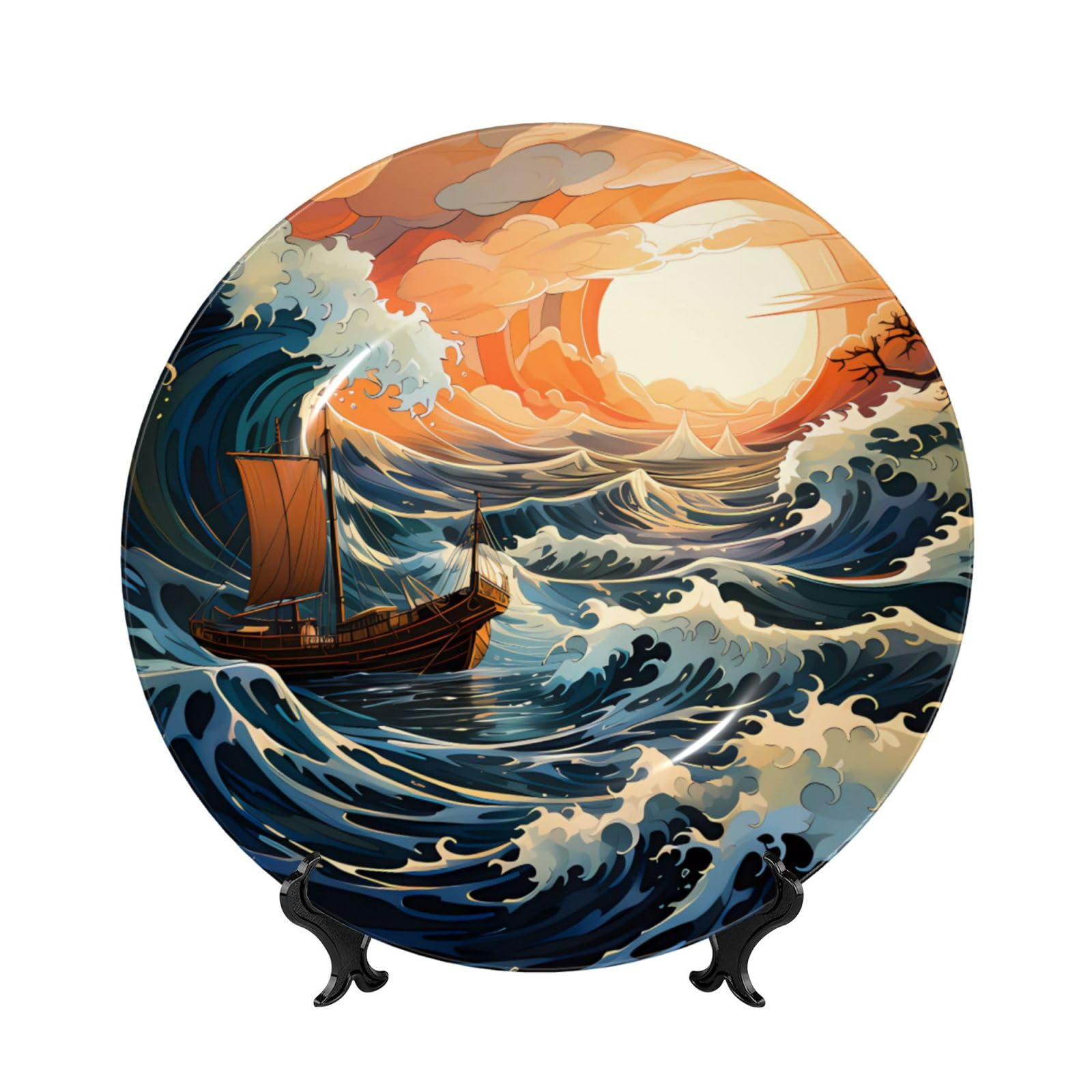 SXZVVBN Sea and Sail Bone China Decorative Plate Art with Stand Removable Adhesive Hanging for Home Office 7in