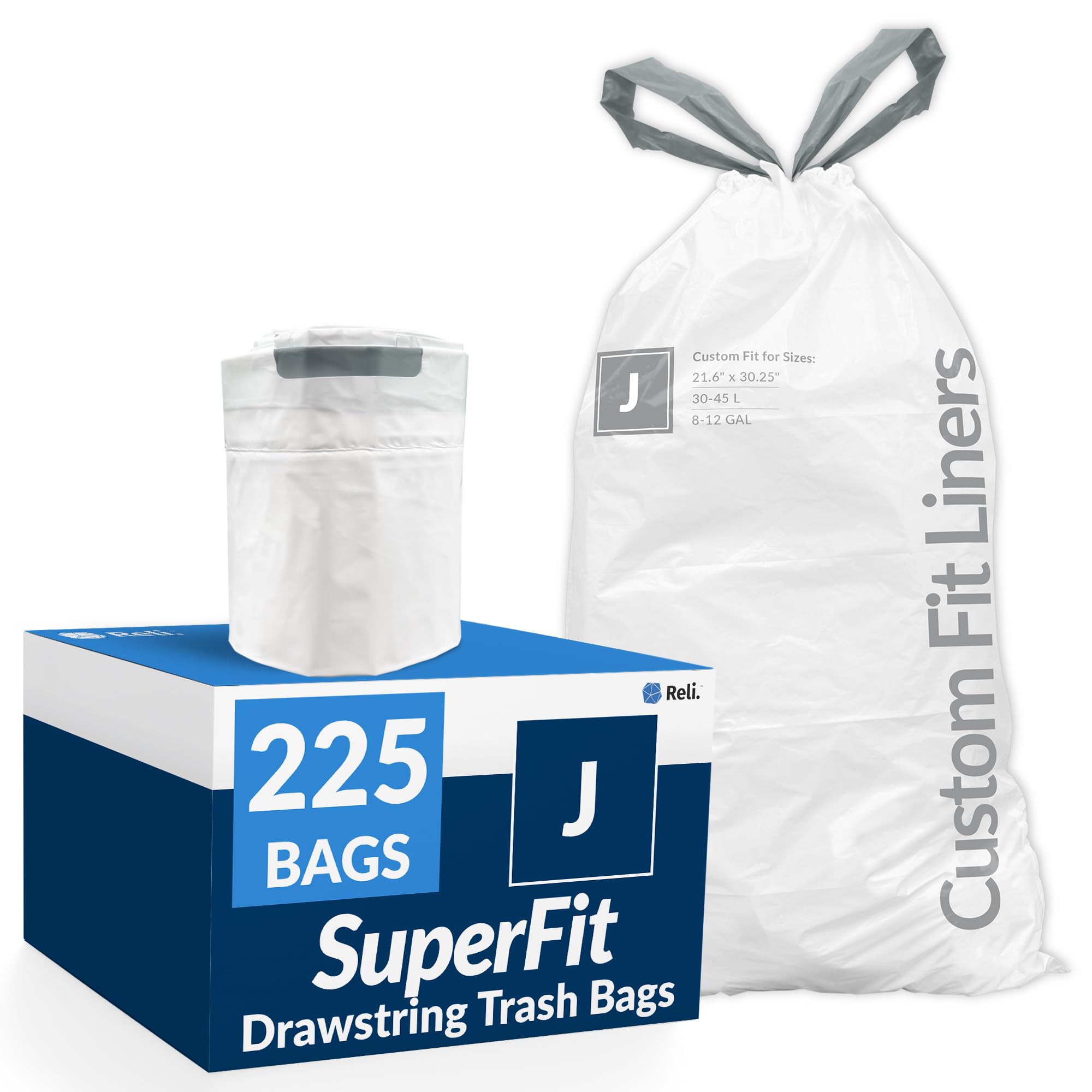 Reli. SuperFit Code J (225 Count) | Compatible with Simplehuman Code J | Custom Fit Liners | Drawstring Trash Bags | 30-45 Liter / 8-12 Gallon | White | Roll Pack