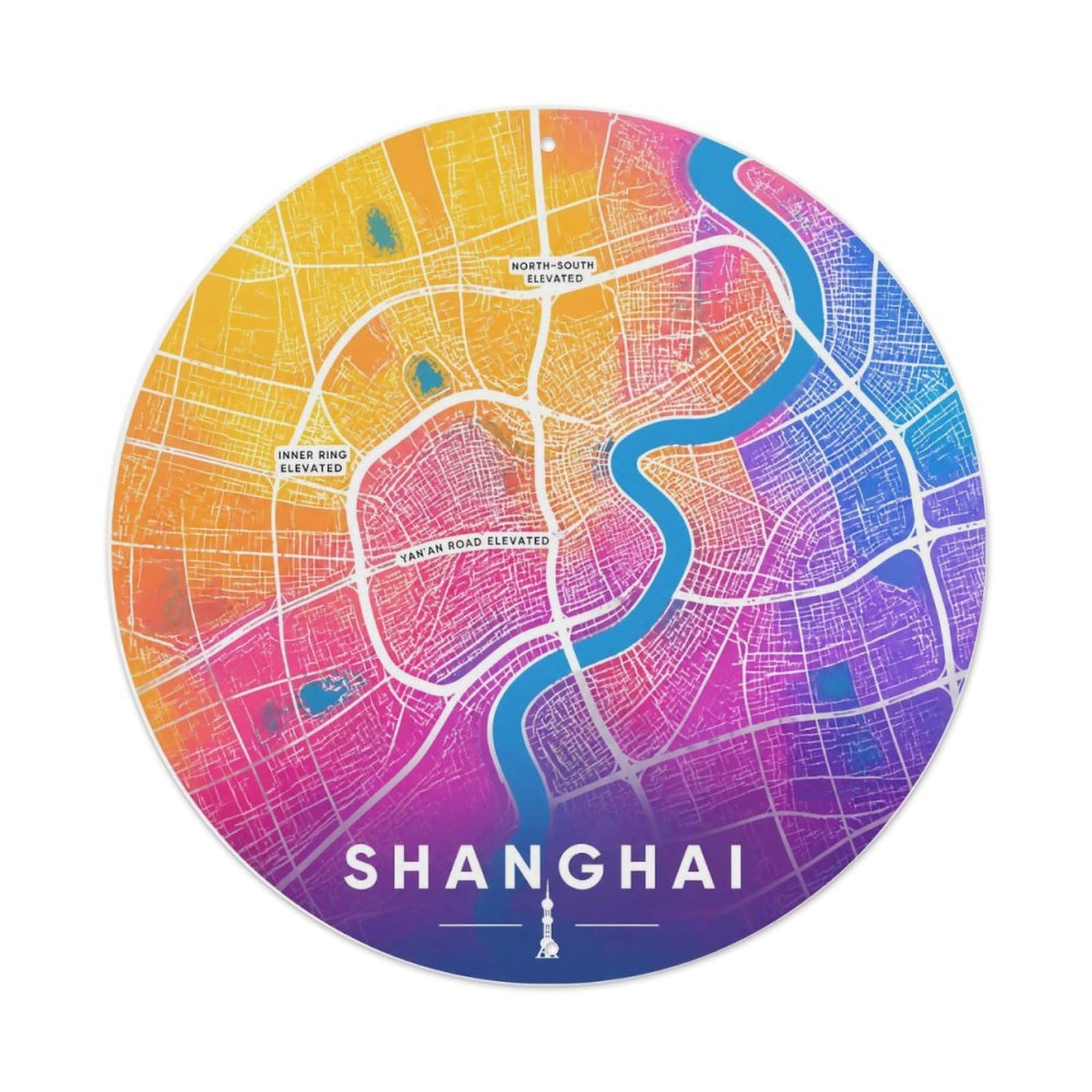 Okngb Style Monochrome Route Colorful Shanghai Riverfront Detail Metal Tin Sign Plaque Wall Decor For Cafe, Man Cave, Club Bar, Office, Home Garden Round Metal Poster 8X8inch