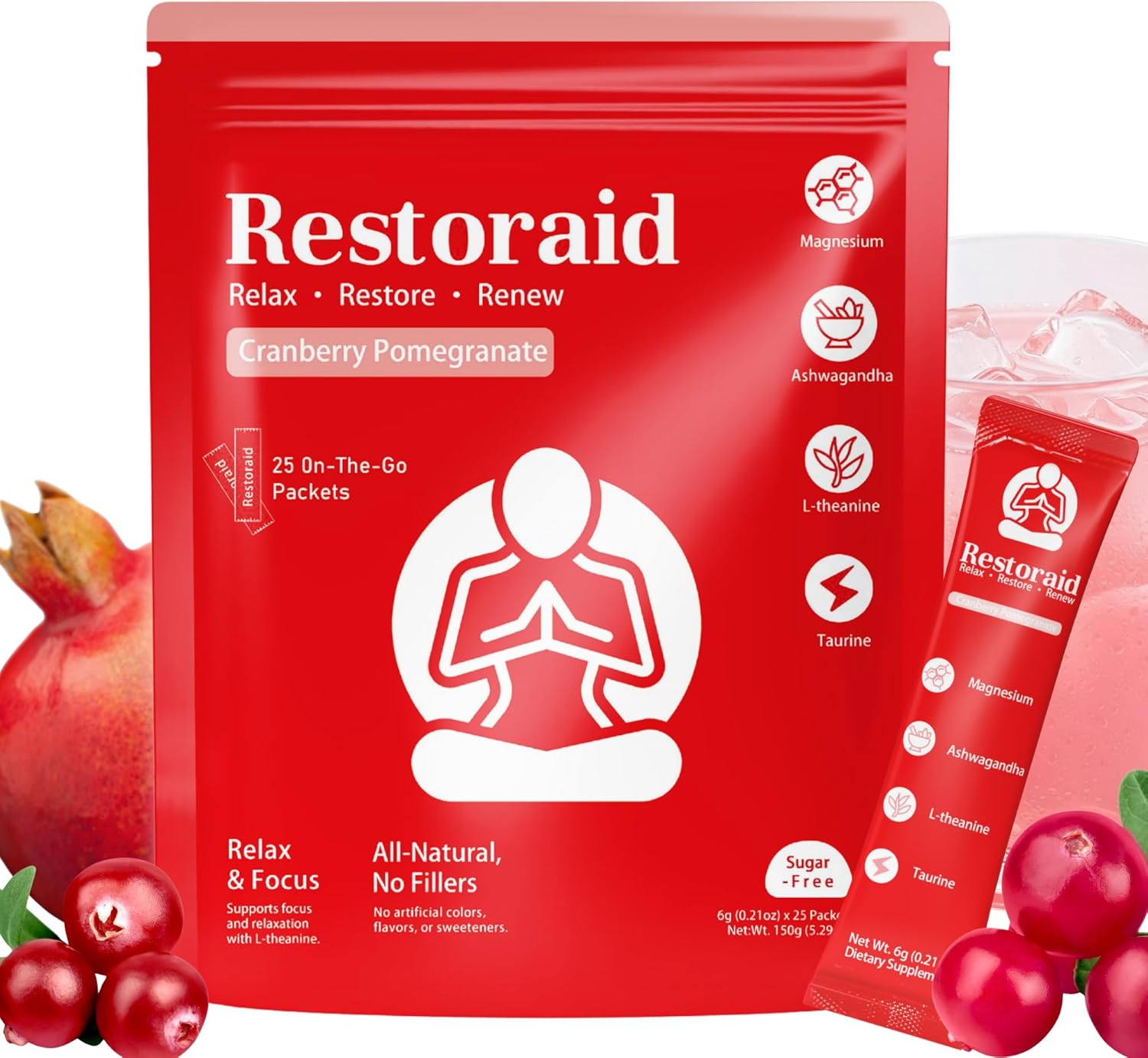 Restoraid Relaxation Drink Mix – 25 Packets | Magnesium, L-Theanine, Ashwagandha, Taurine, Glycine | Calming & Relaxing Supplement (Cranberry Pomegranate)
