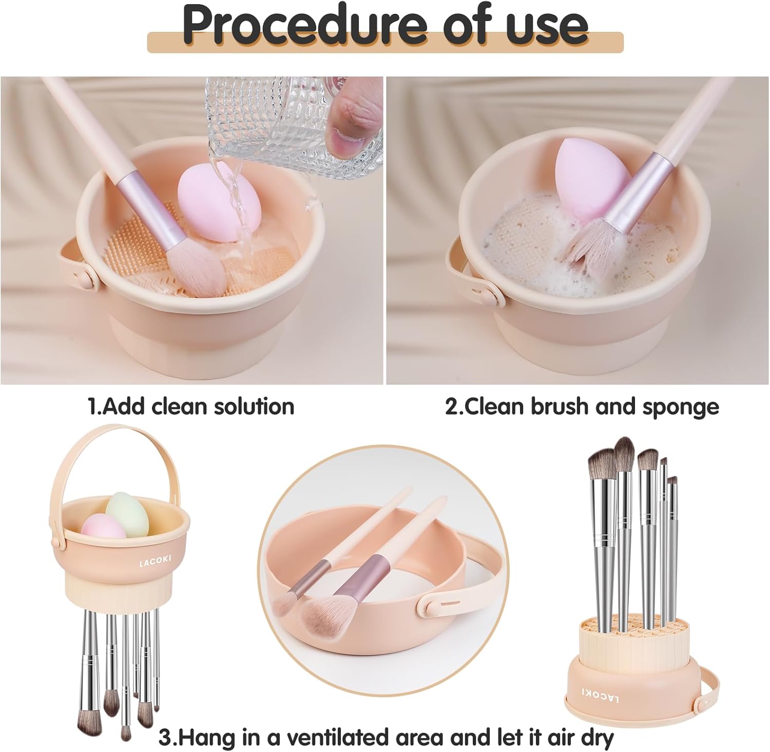 Step-by-step procedure for using the LACOKI makeup brush cleaner, showing adding solution, cleaning, and hanging to dry.