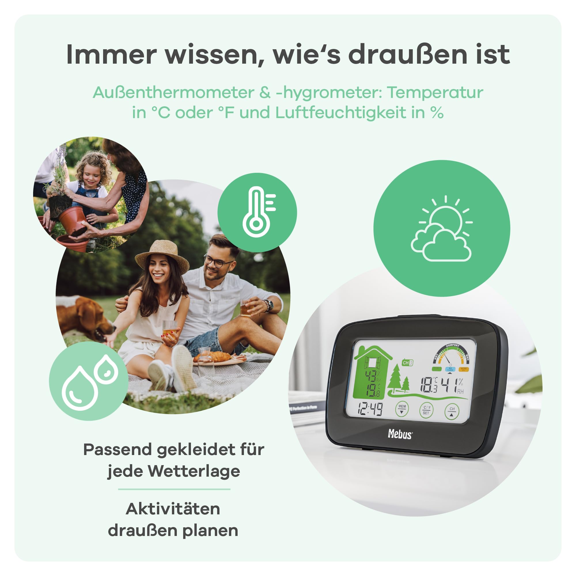 MEBUS funkgesteuerte Wetterstation mit Außensensor, Thermometer/Hygrometer (innen/außen), Wohlfühlindikator bewertet Raumklima, Min-/Max-Funktion, Beleuchtung, Wecker, Farbe: Weiß, Modell: 40903