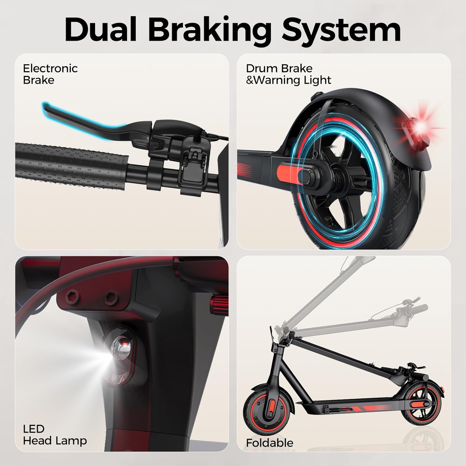 Illustration showing the folding mechanism of the Kalorace electric scooter, along with details of the electronic brake, drum brake, and LED headlamp.