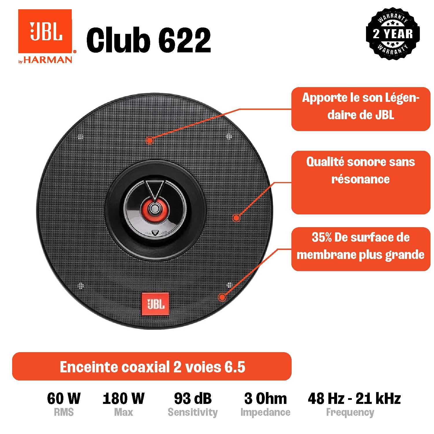 JBL Club 622 Haut Parleur Voiture à 2 voies de Harman Kardon - 180 Watt Ensemble enceinte voiture 16 - 17 cm
