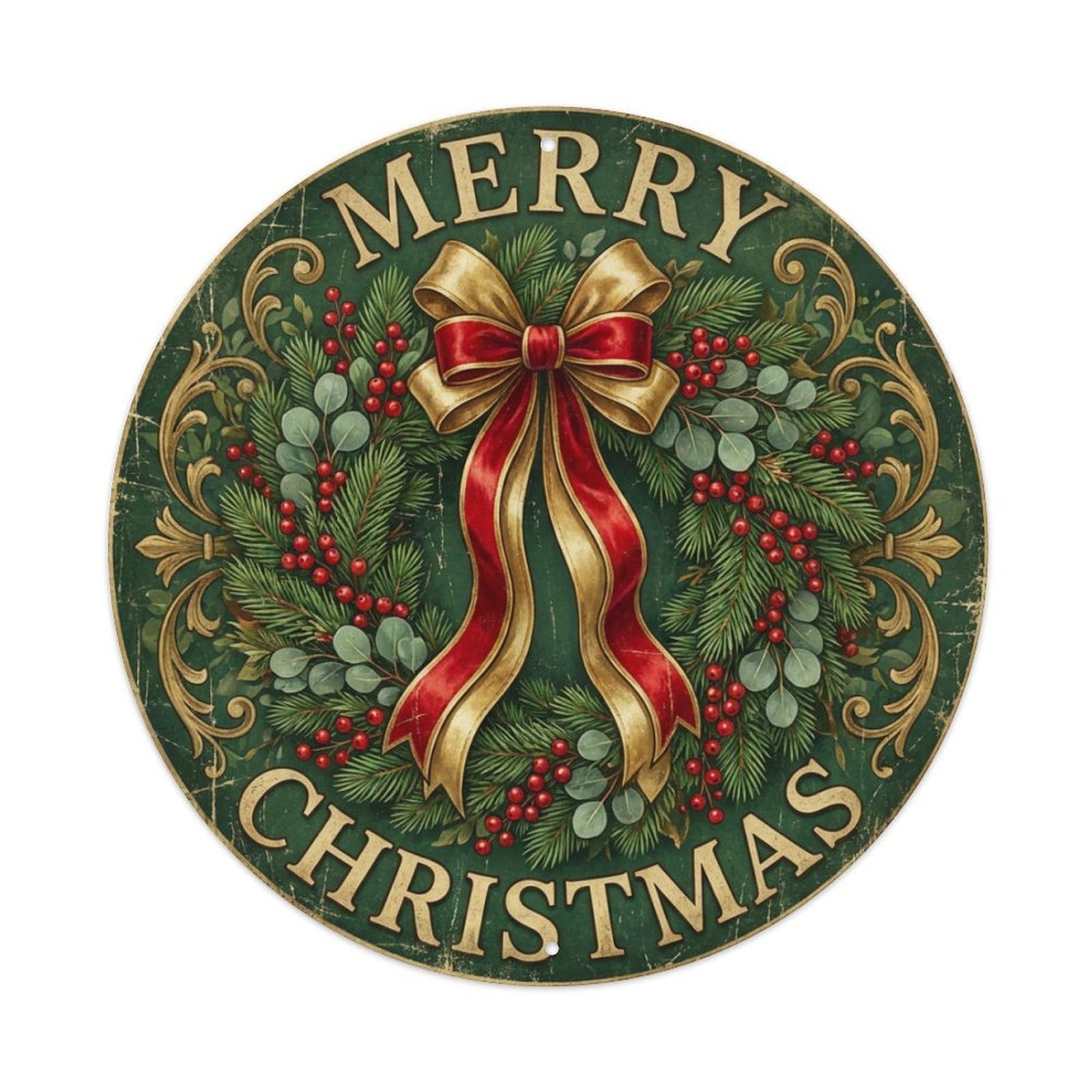 Merry Christmas Festive Wreath Ribbon Metal Tin Sign
