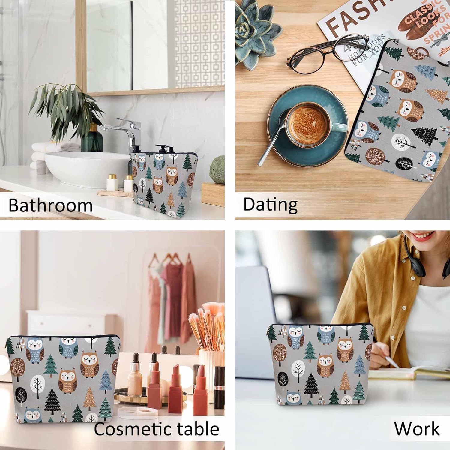 Owl Cosmetic Travel Bag, Cute Owls Woodland Trees Makeup Bag, Toiletry Bags for Women, Flax Cosmetic Bags, Make Up Bag Purse Toiletries Bag Birthday Gift - Image 6