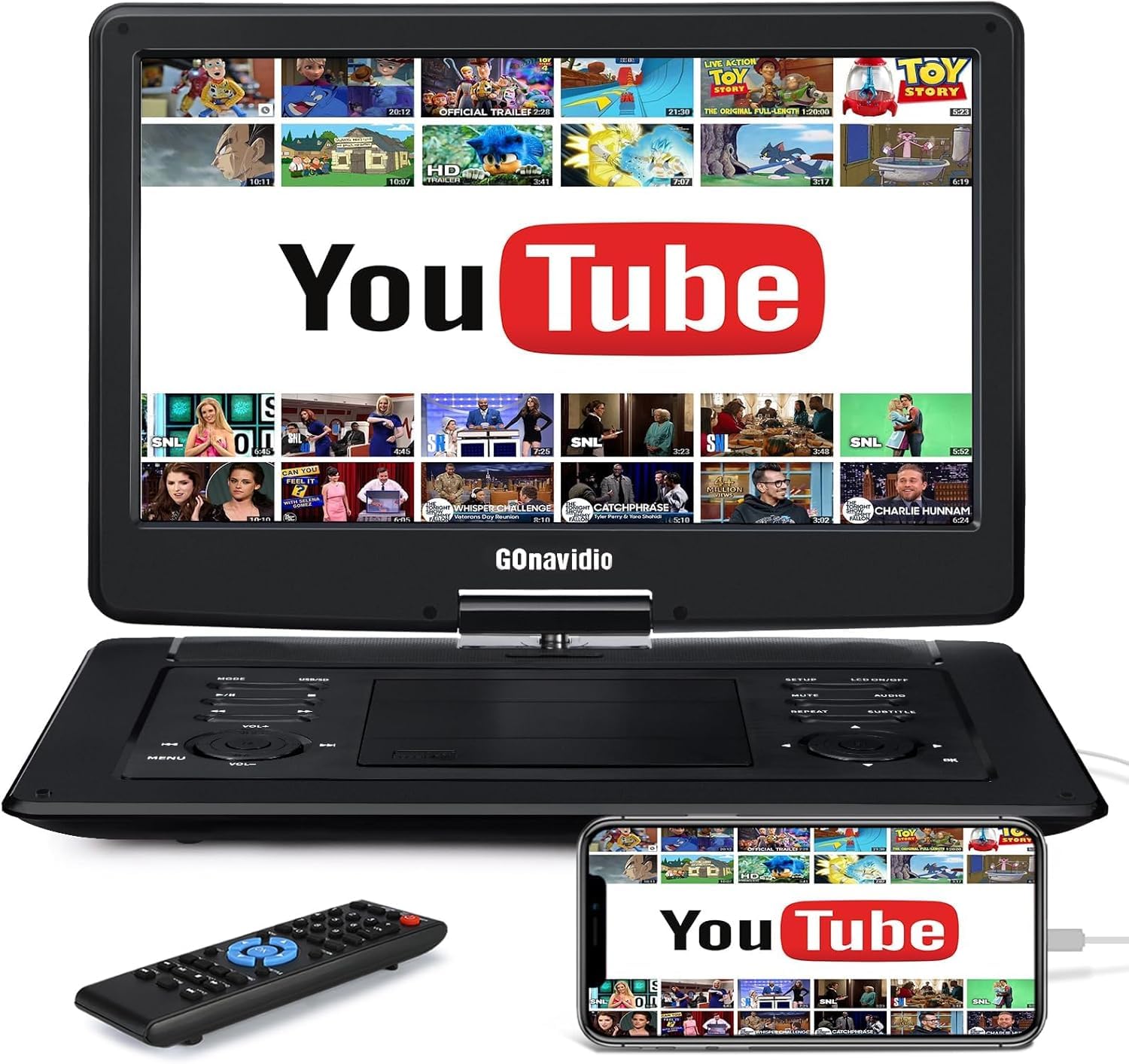 GOnavidio 17,9" DVD Portátil para Coche Niños con HDMI Pantalla Ancha de 16", Reproductor de DVD con Batería Recargable de 6 Horas, Soporta USB/SD, MP4, MKV