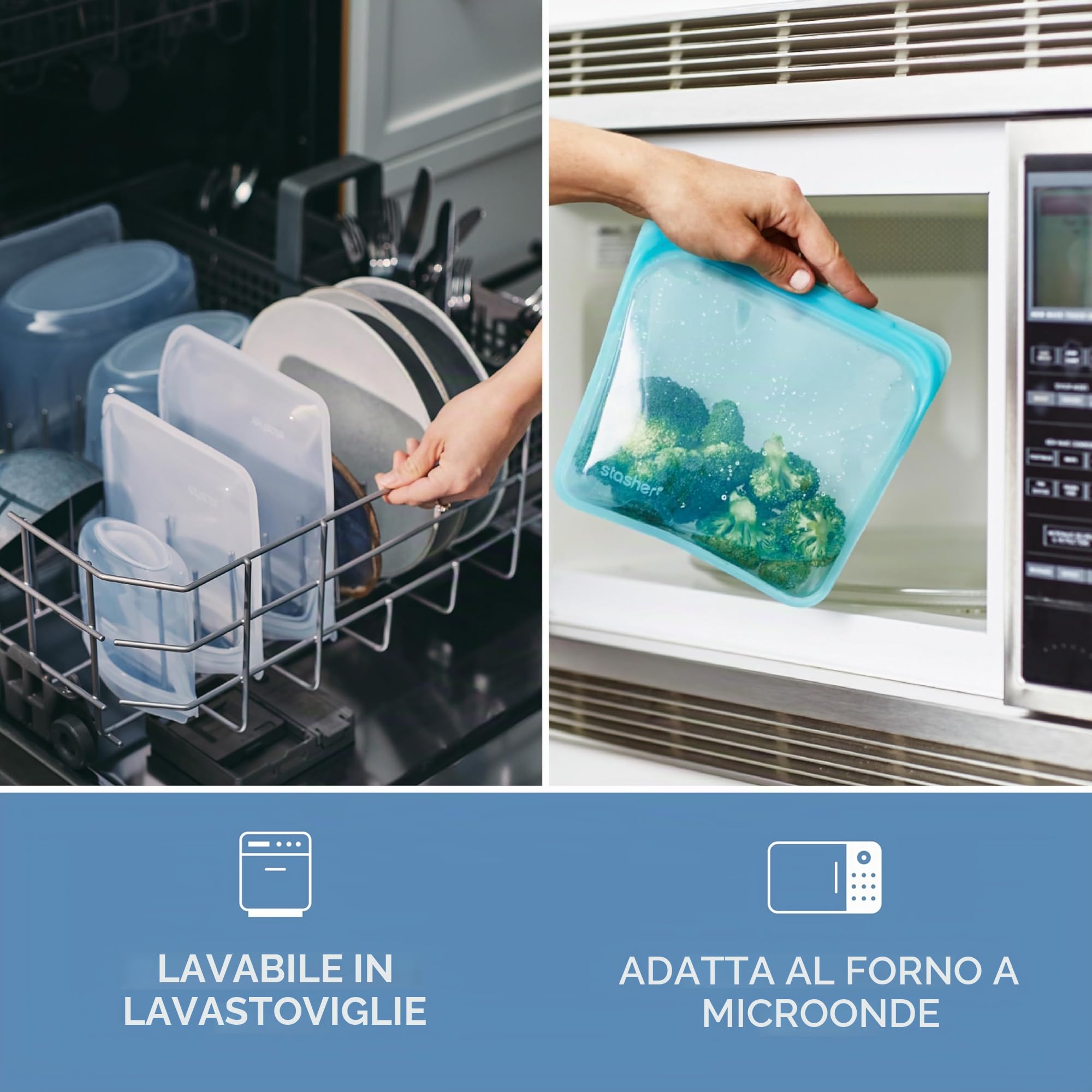 Stasher Sacchetti riutilizzabili in silicone, confezione da 6 pezzi, sacchetti riutilizzabili per congelatore, microonde, lavastoviglie, forno, sous vide, contenitori per il pranzo, ecologici, borsa