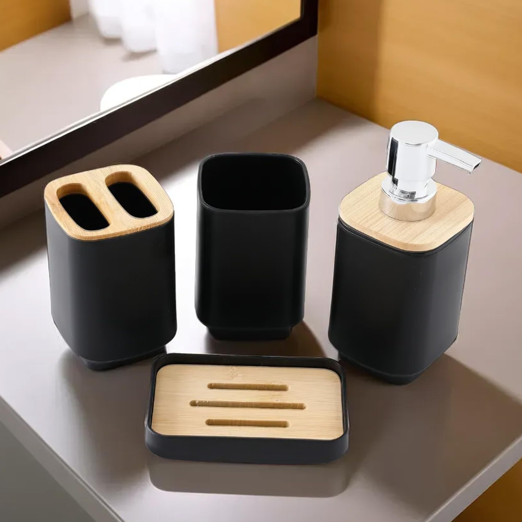 UMAI 4 Pieces Bathroom Accessories Set | Black | Soap Dispenser(500ml), Toothbrush Holder, Mouth Wash Cup & Soap Dish | Soap Holder for Bathroom | Soap Dispenser for Bathroom | Home Decor Items (B0DFWRVRK5) Amazon Price History, Amazon Price Tracker