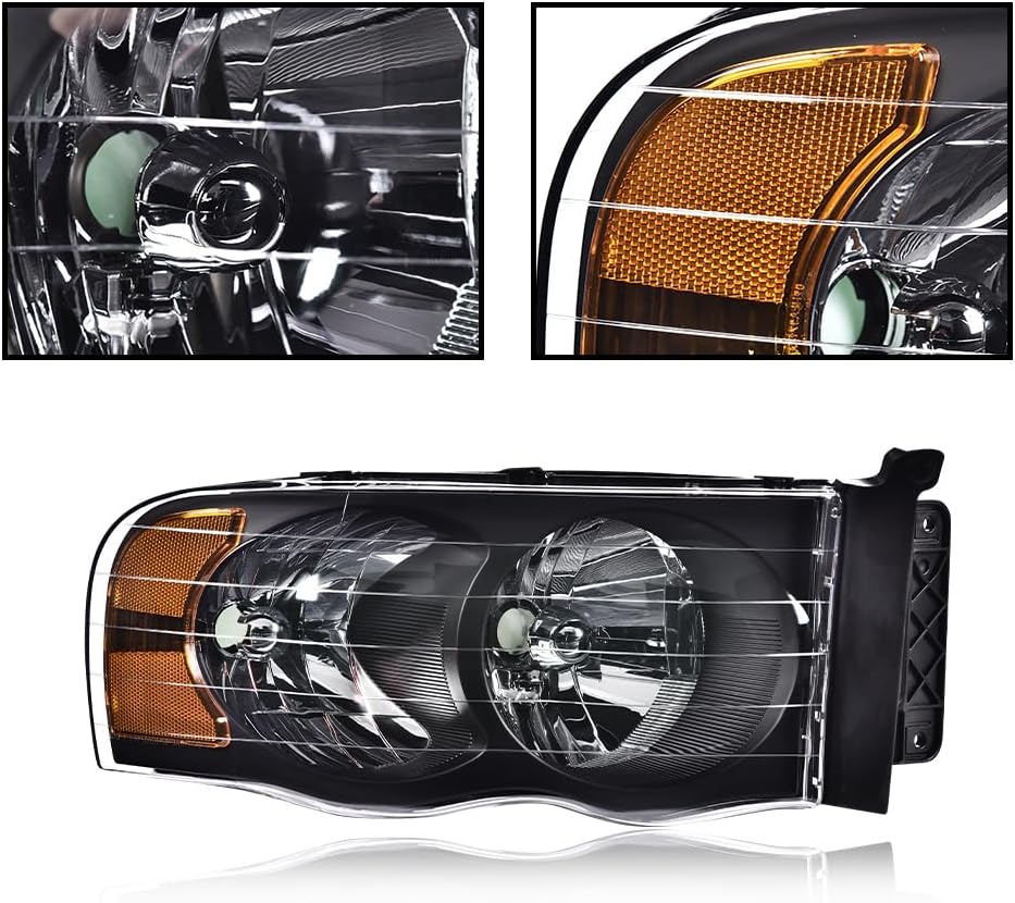 CROSSDESIGN Headlights Assembly Fit Dodge Ram 1500 2002-2005 & Ram 2500/3500 2003-2005 Pair Left and Right Side Front Headlamps Replacement Parts Clear Lens Black Housing Amber Reflector