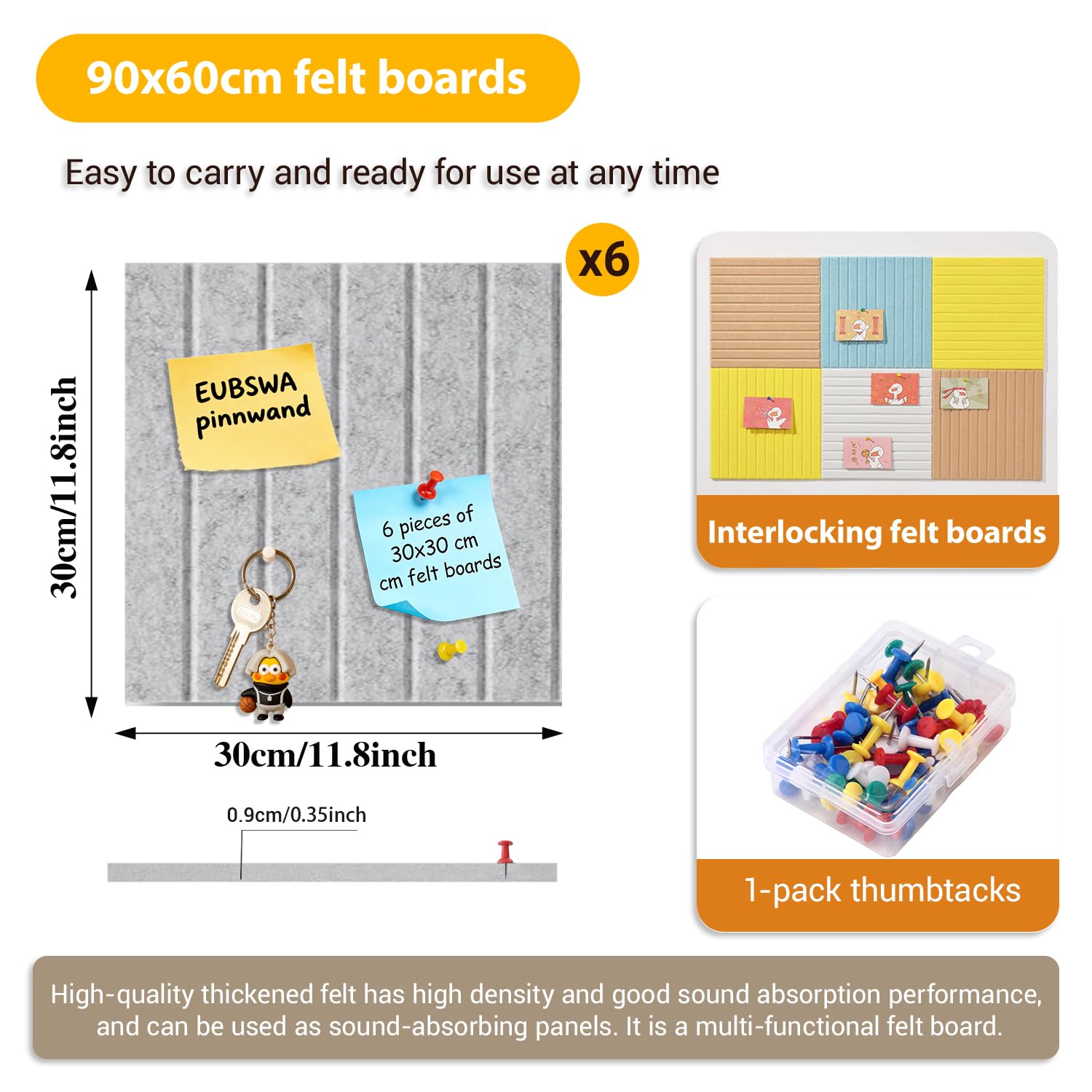 Gran pizarra de 90x60cm, gran placa de corcho, 0,9cm de grosor, decorativa pared de corcho con fieltro, tabla fotográfica plegable con cinta adhesiva autoadhesiva, fieltro autoadhesivo visionboard