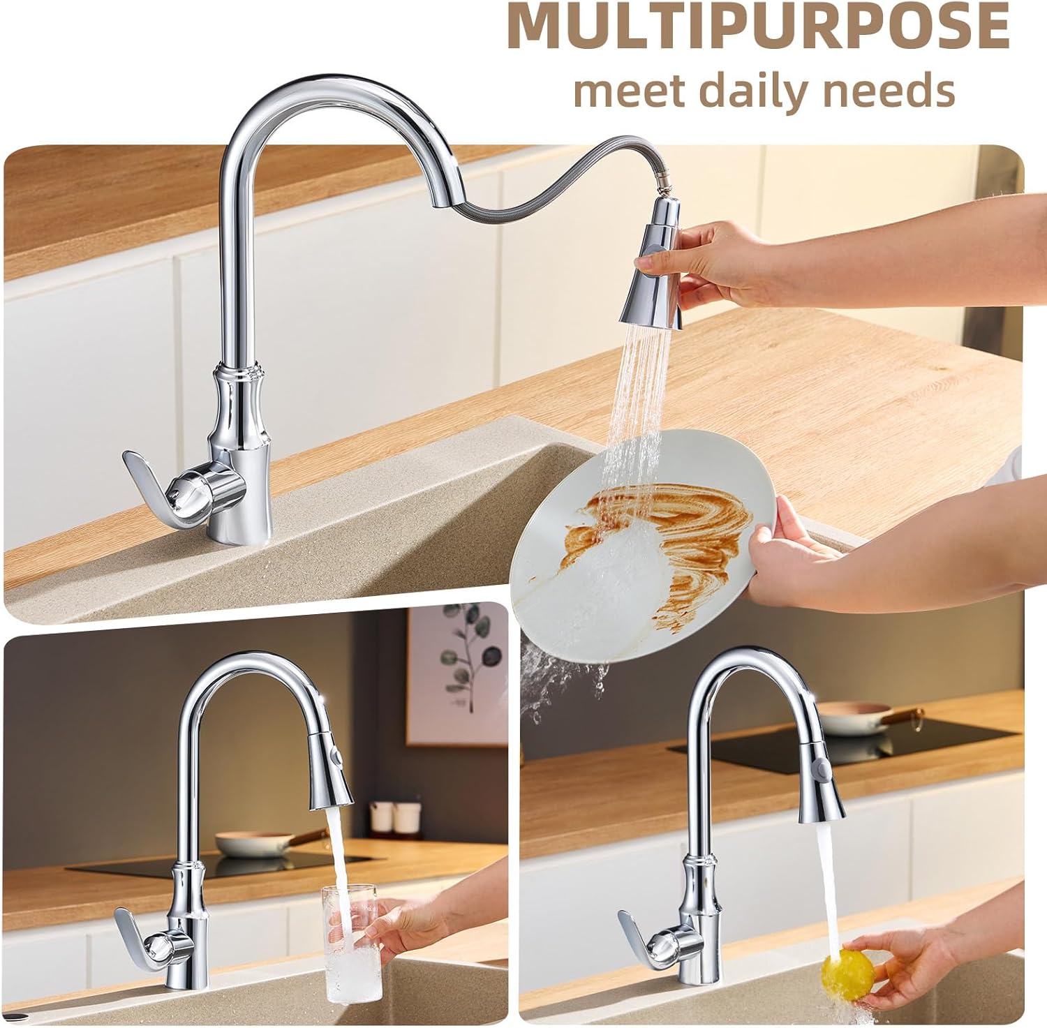Angle Simple Kitchen Sink Sprayer Replacement, Thread Type G 1/2 or 13/16 Inch Male, Tested to NSF/ANSI/CAN 61 & 372, Faucet Head Attachment, Stream and Spray Mode, Chrome