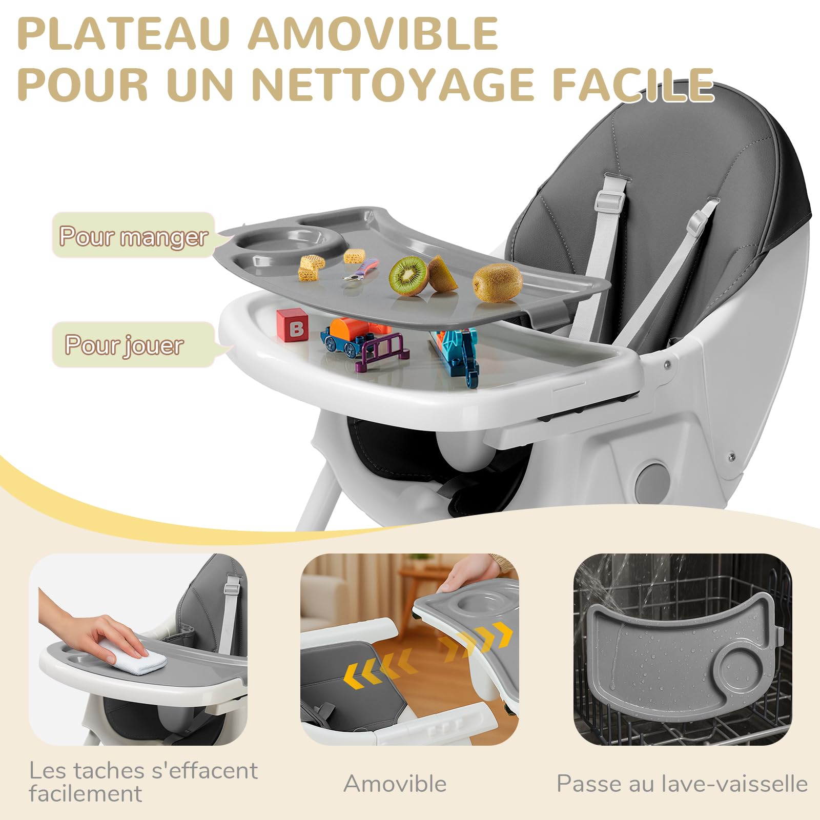 LEADZM 3 en 1 Chaise Haute Bébé Pliable, Plateau Double Amovible, avec Roulettes Pivotantes et Panier de Rangement, Convient aux Bébés de 6 à 36 Mois (Gris)
