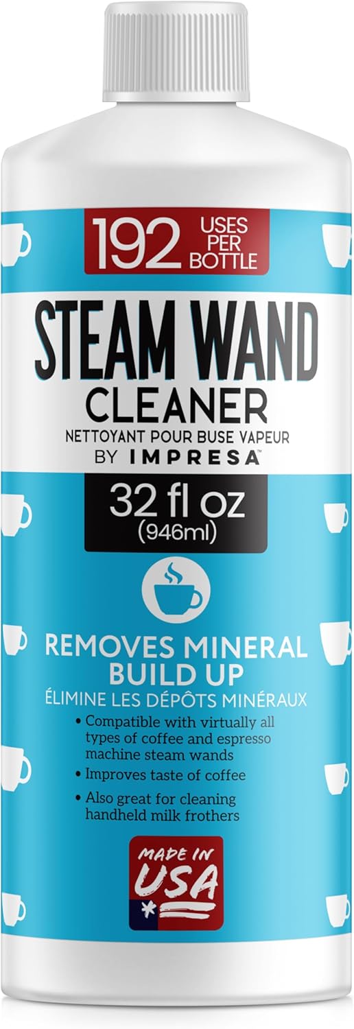 IMPRESA 32 oz Steam Wand Cleaner, Removes Mineral Buildup and Milk Protein Residue in Steam Wands, Milk Frothers, and Stainless-Steel Pitchers, Up to 192 Uses, Barista Cleaning Tool IMPRESA 32 oz Steam Wand Cleaner, Removes Mineral Buildup and Milk Protein Residue in Steam Wands, Milk Frothers, and Stainless-Steel Pitchers, Up to 192 Uses, Barista Cleaning Tool