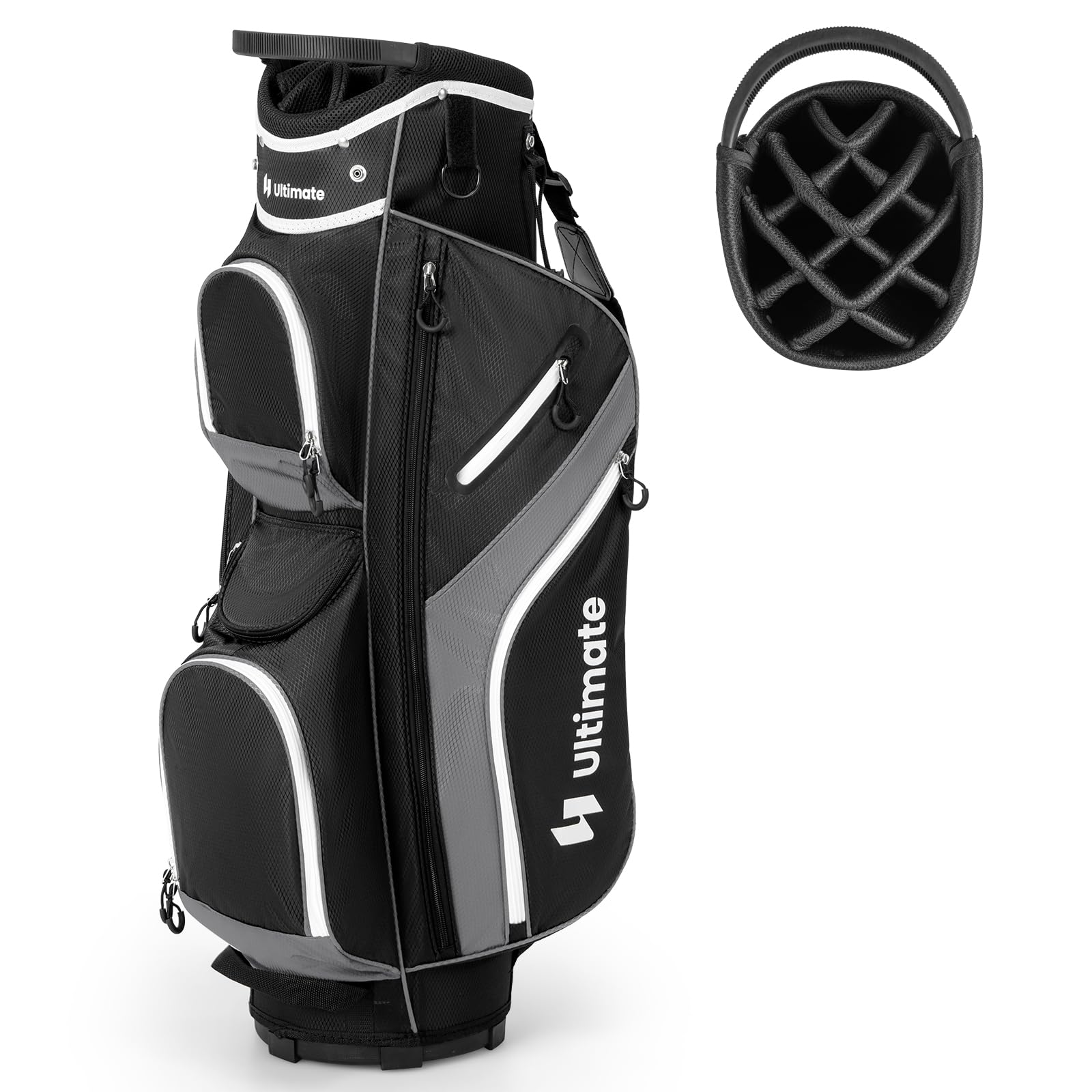 GYMAX Sacca da Golf per Carrello, con Divisori a 14 Scomparti, Borsa Termica, 2 Tasche Impermeabili, Cappuccio Antipioggia Rimovibile, Tracolla Imbottita e Maniglie di Trasporto