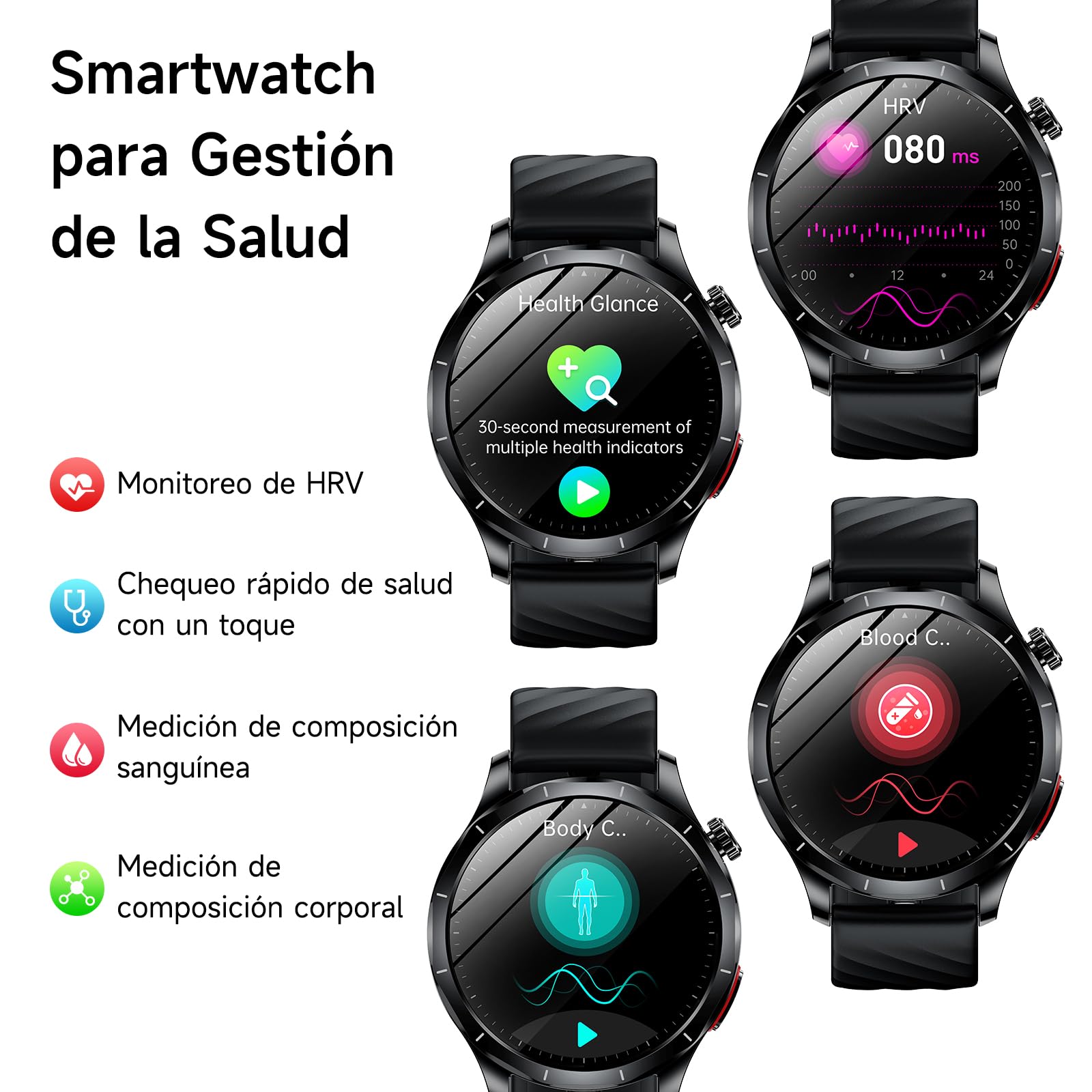 2026 ECG Reloj Inteligente Hombre con HRV/BMI/Tension Arterial, 1.43“ AMOLED Smartwatch con 24H Presión Arterial Pulsómetro SpO2 Temperatura Corporal Monitor de Sueño Pulsera Actividad ,Android iOS