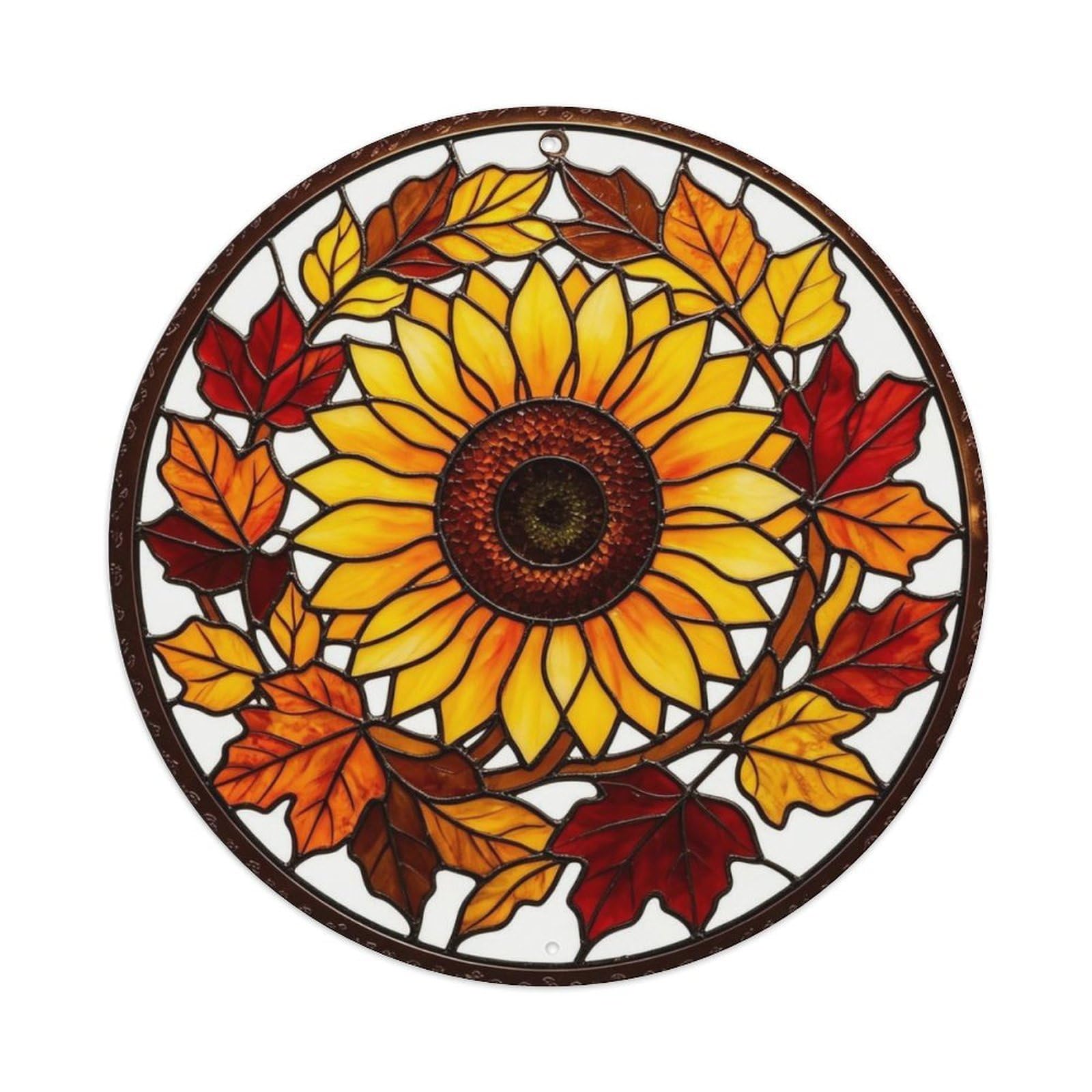 Lvalogy Style Autumn Sunflower Wreath Fall Leaves Stained Glass Metal Tin Sign Plaque