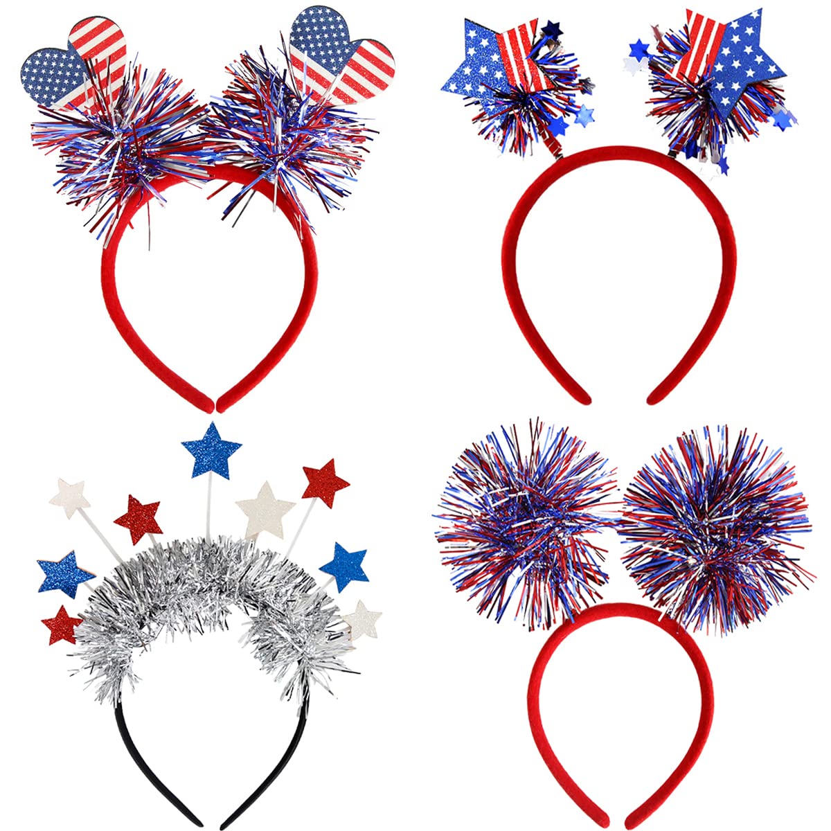 DIUEWOW 4PCS Patriotic Head Boppers Headband 4th of July Party Favors Star Love Heart Flashing Design Independence Day Hair Accessories Headwear for