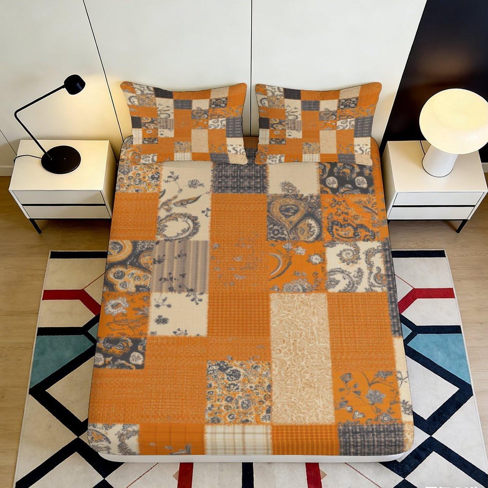 3D Printed Orange Patchwork Fitted Sheet Microfiber Soft Breathable Floral Mattress Cover for Bedroom Dormitory Guest Room Protection Decor 140x200x25cm